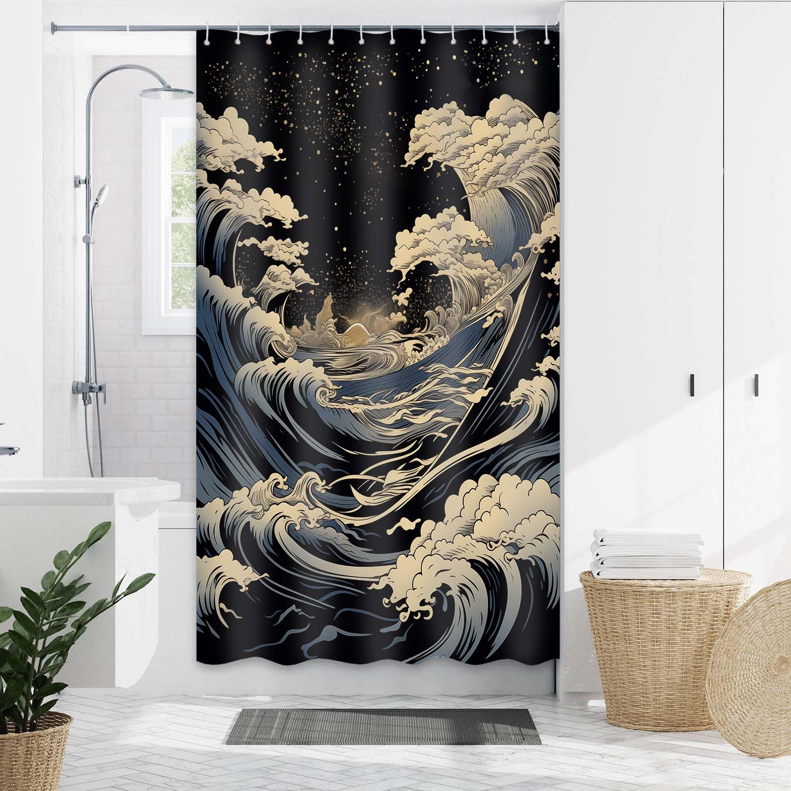 Dltay Anime Shower Curtain Japanese Great Waves Shower Curtain For Bathroom Oriental Asian Sea Waves Bath Decor With 12 Hooks 36