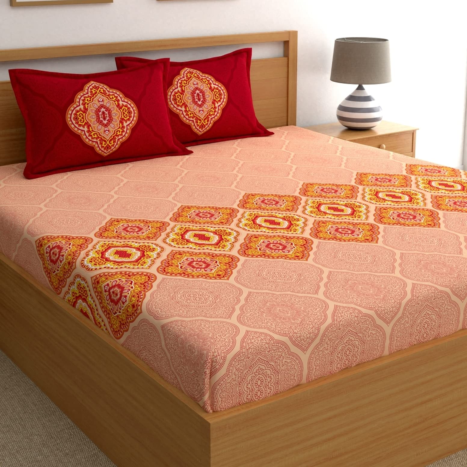 Dreamscape 100% Cotton King Fitted Floral Bedsheet With 2 Pillow Covers - (Size 72 X 78 Inches, 140 Tc, Colour - Red)