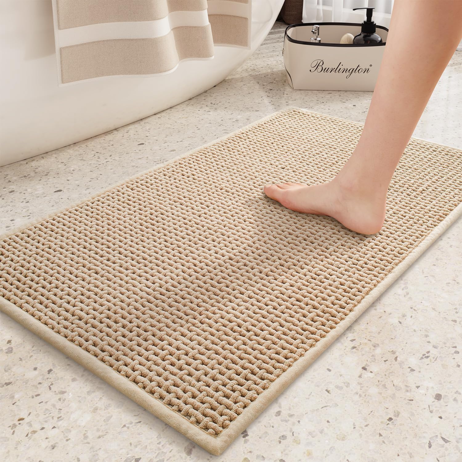 Color&Geometry Chenille Rubber Backed Beige Bathroom Rugs- Non Slip, Absorbent, Quick Dry, Washable- 16''X24'' Small Bath Mat Th