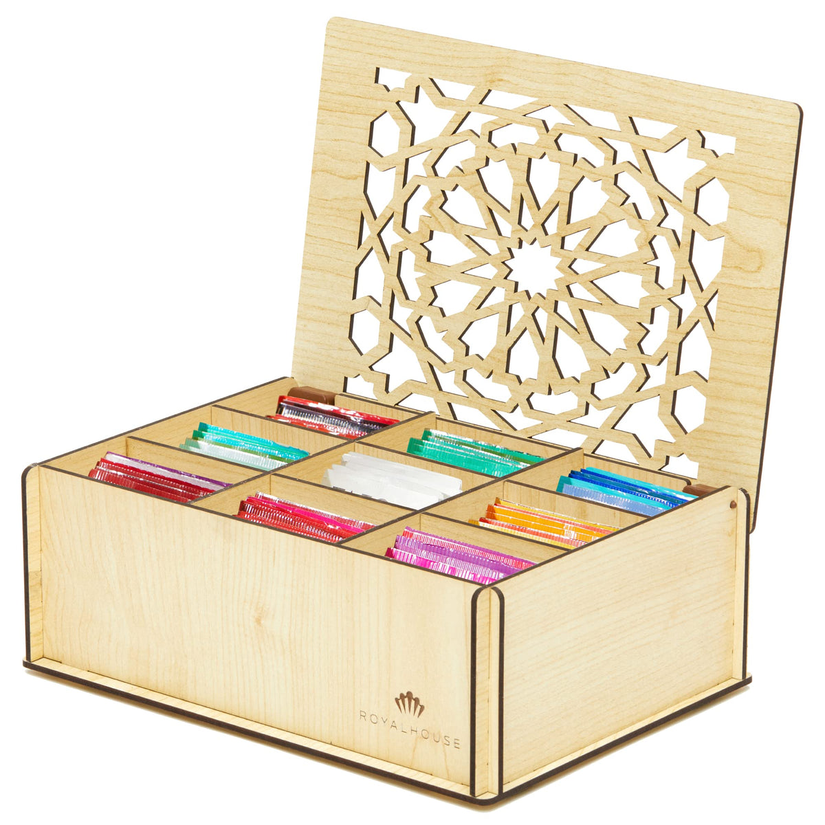 Royalhouse Premium Wood (Hard Mdf) Tea Storage Box Organizer (White), Eco-Friendly Multi-Functional Decorative Box, 9 Compartmen