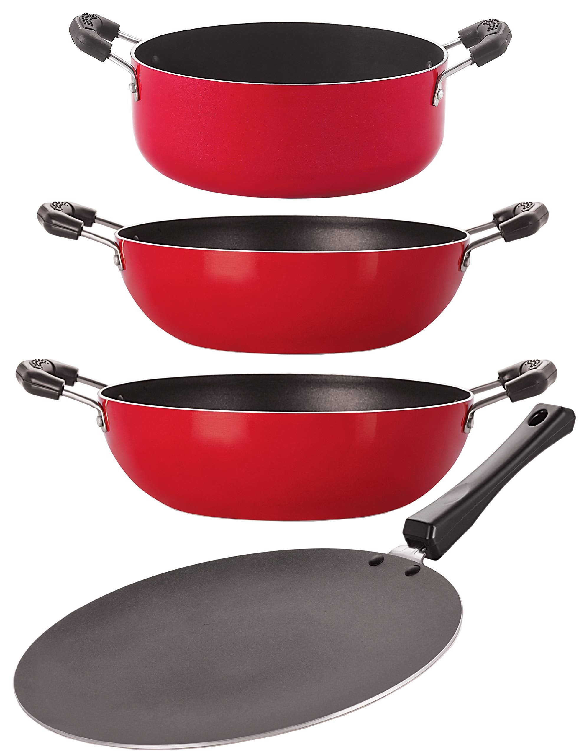 Nirlon NonStick Aluminum Cookware Set, 4Piece, Red And Black (2.6Mm_Ct11_Kd12_Kd13_Cass20)