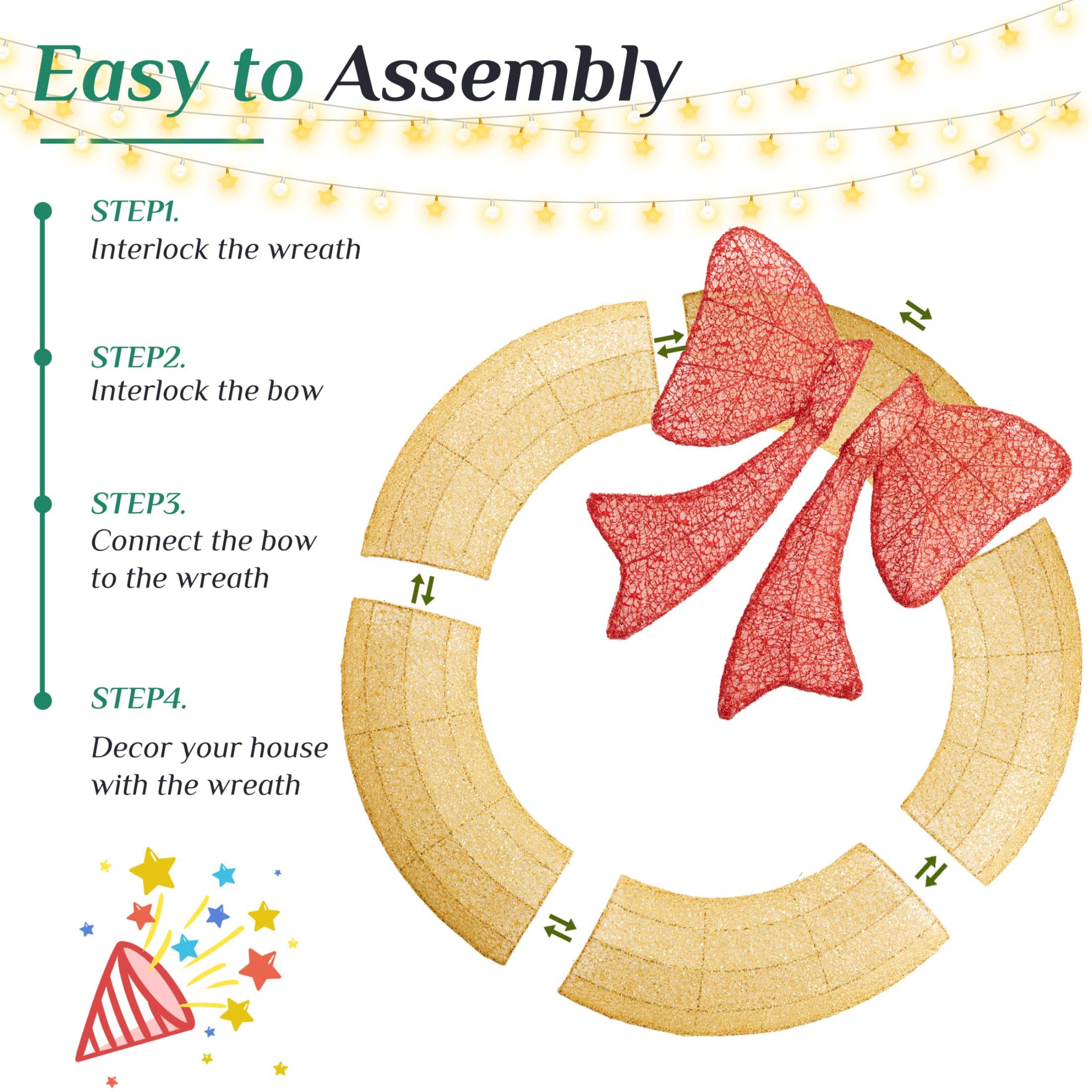 Sweetcrispy 36in Pre-Lit Christmas Wreath, LED Lighted Holiday Outdoor Decoration with Bow for Door, Mantel, Wall, Windows, Fron