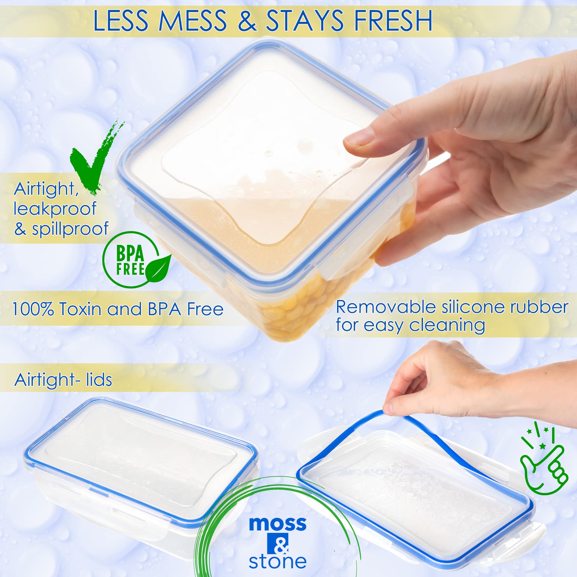 Moss & Stone Air Tight 16 Piece Plastic Food Storage Containers With Lids, Safe Lunch Box Set For Dishwasher And Microwave, Leak