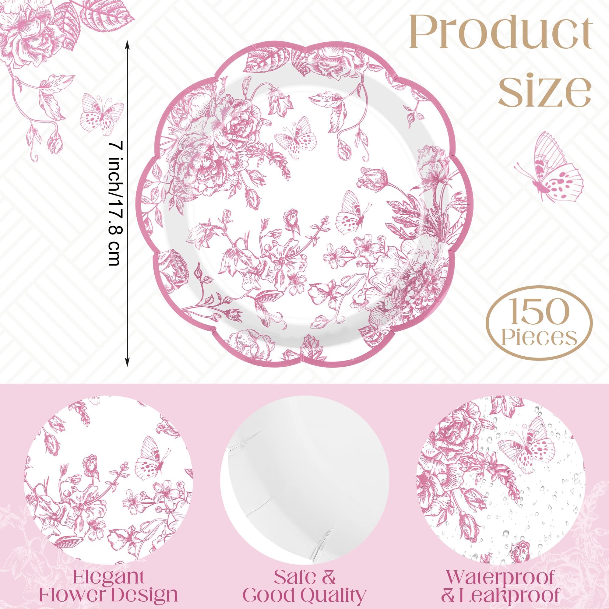 Kochorie 150 Pieces Pink Flower Paper Plates 7 Inches Disposable Floral Paper Plates Scalloped Pink Chinoiserie Vintage Flower D