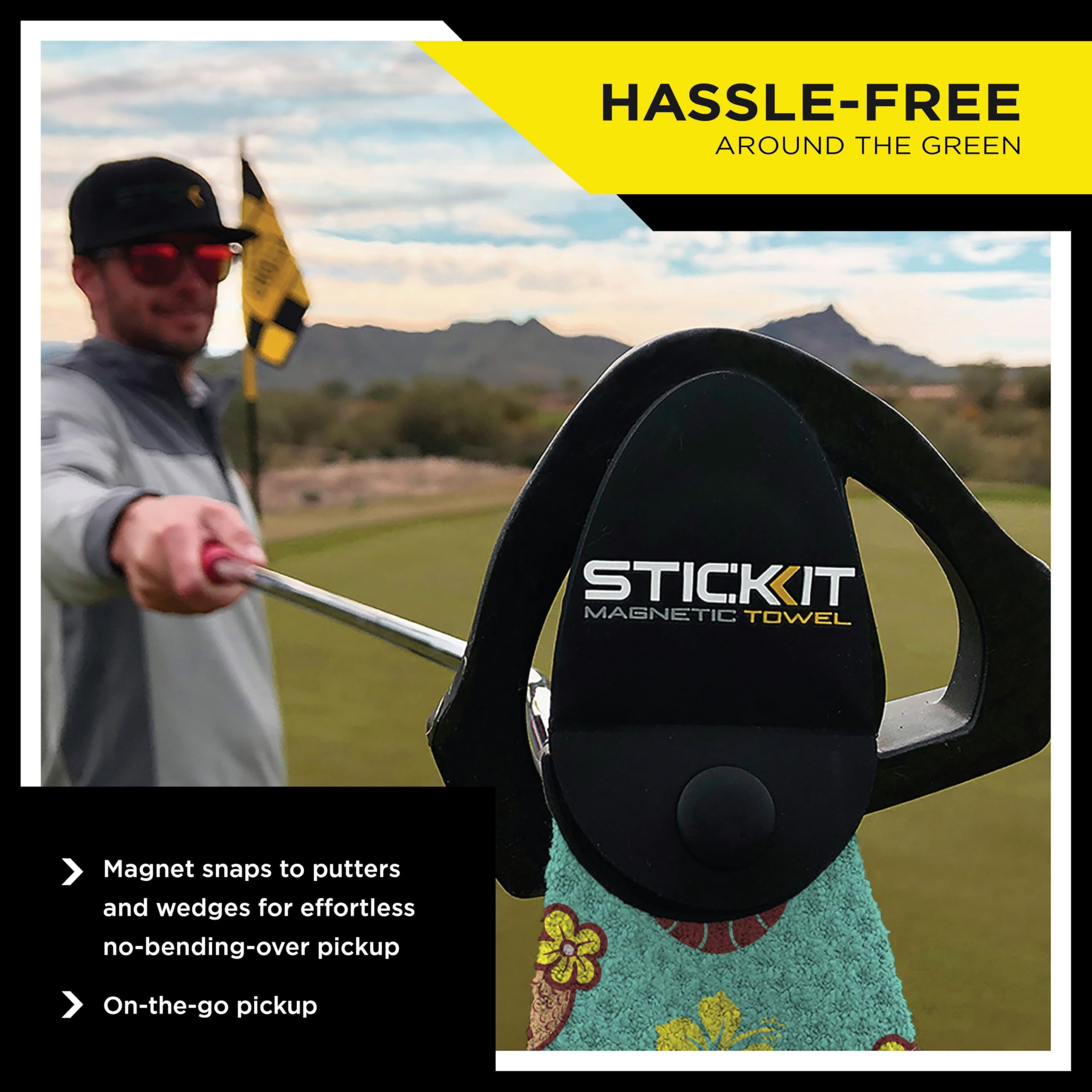 STICKIT Magnetic Golf Towel  Teal Tiki  Top-Tier Microfiber Golf Towel with Deep Waffle Pockets  Industrial Strength Magnet for Strong Hold to Golf Carts or Clubs