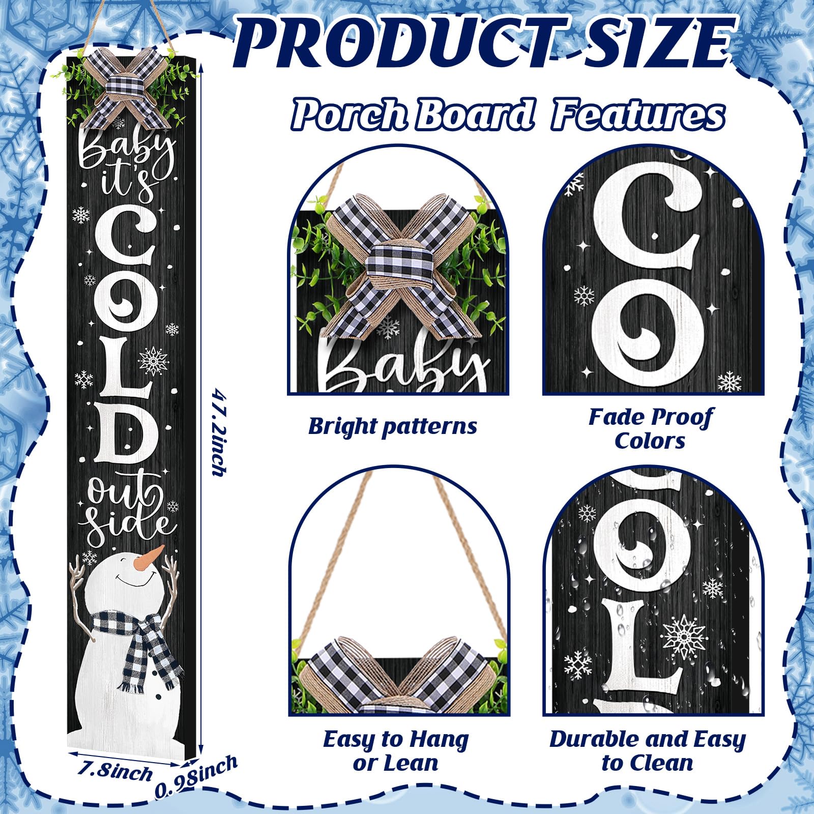 Chitidr Christmas Porch Sign Baby It's Cold Outside Snowman Hanging Decor 42'' Rustic Vertical Welcome Wooden Sign with Lanyard