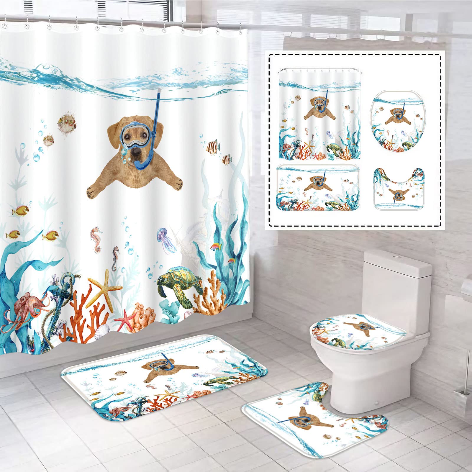 Fungarth 4 Pcs Funny Dog Shower Curtain Set With Rug Teal Blue Sea Ocean Bathroom Sets With Waterproof Fabric Shower Curtain And