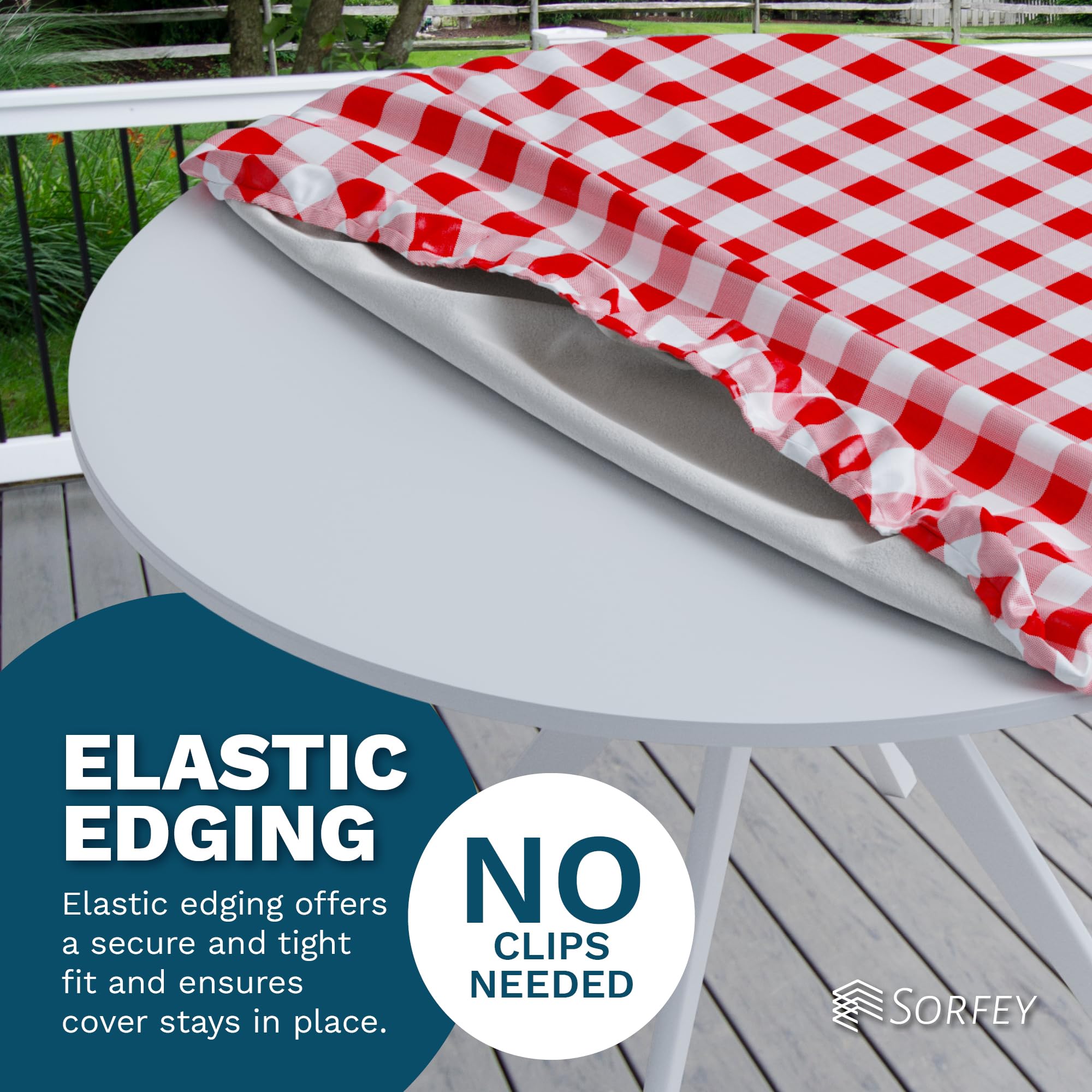 Sorfey Tablecloth -Fitted With Elastic, Vinyl With Flannel Back, Fits For Table 60 Inches Round,Water Proof, Easy To Clean, Chec