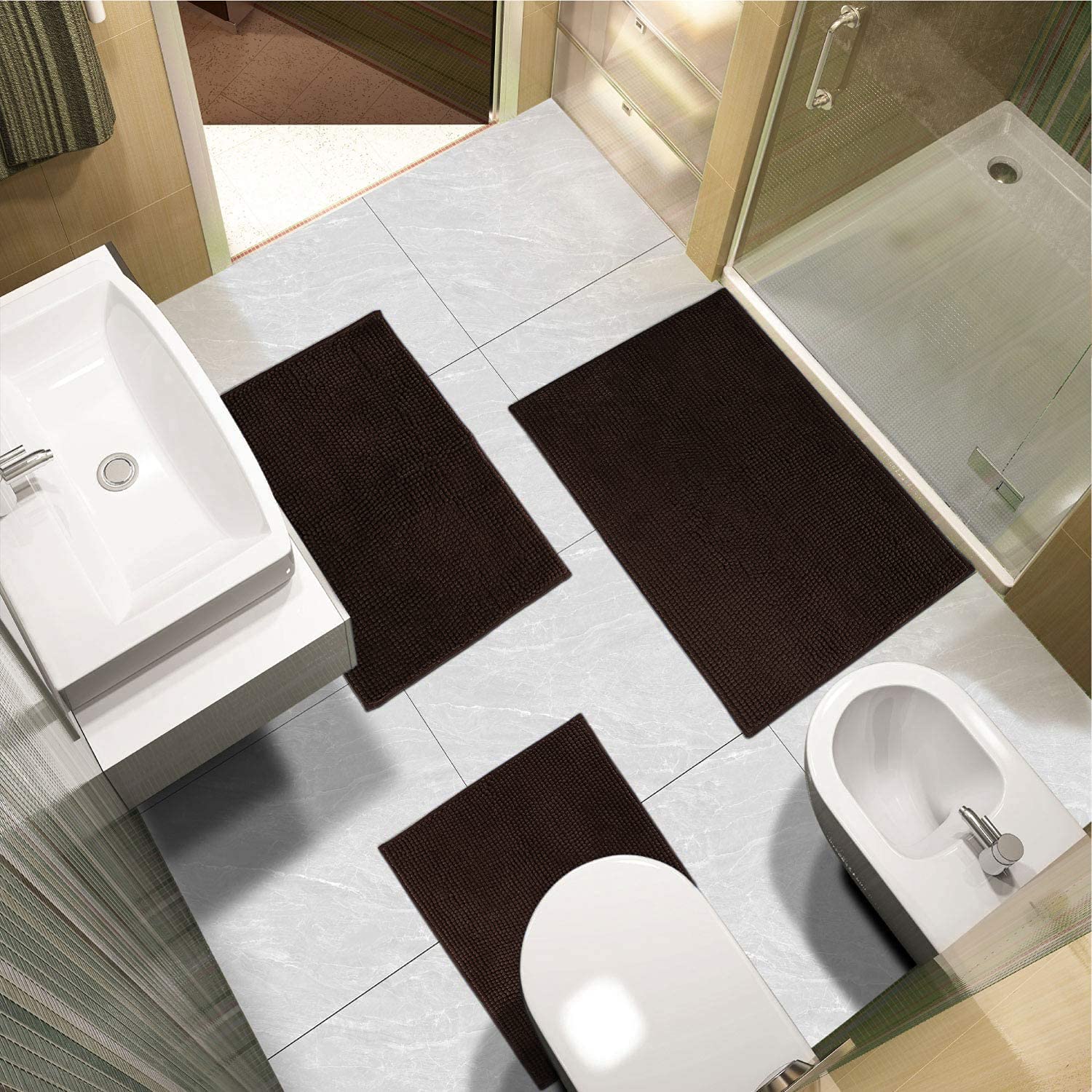 Urvoix Bathroom Rugs Set - 3 Pieces Ultra Soft Non-Slip Bath Mats  Chenille Absorbent Bath Rugs for Bathroom  Tub and Shower (Brown)