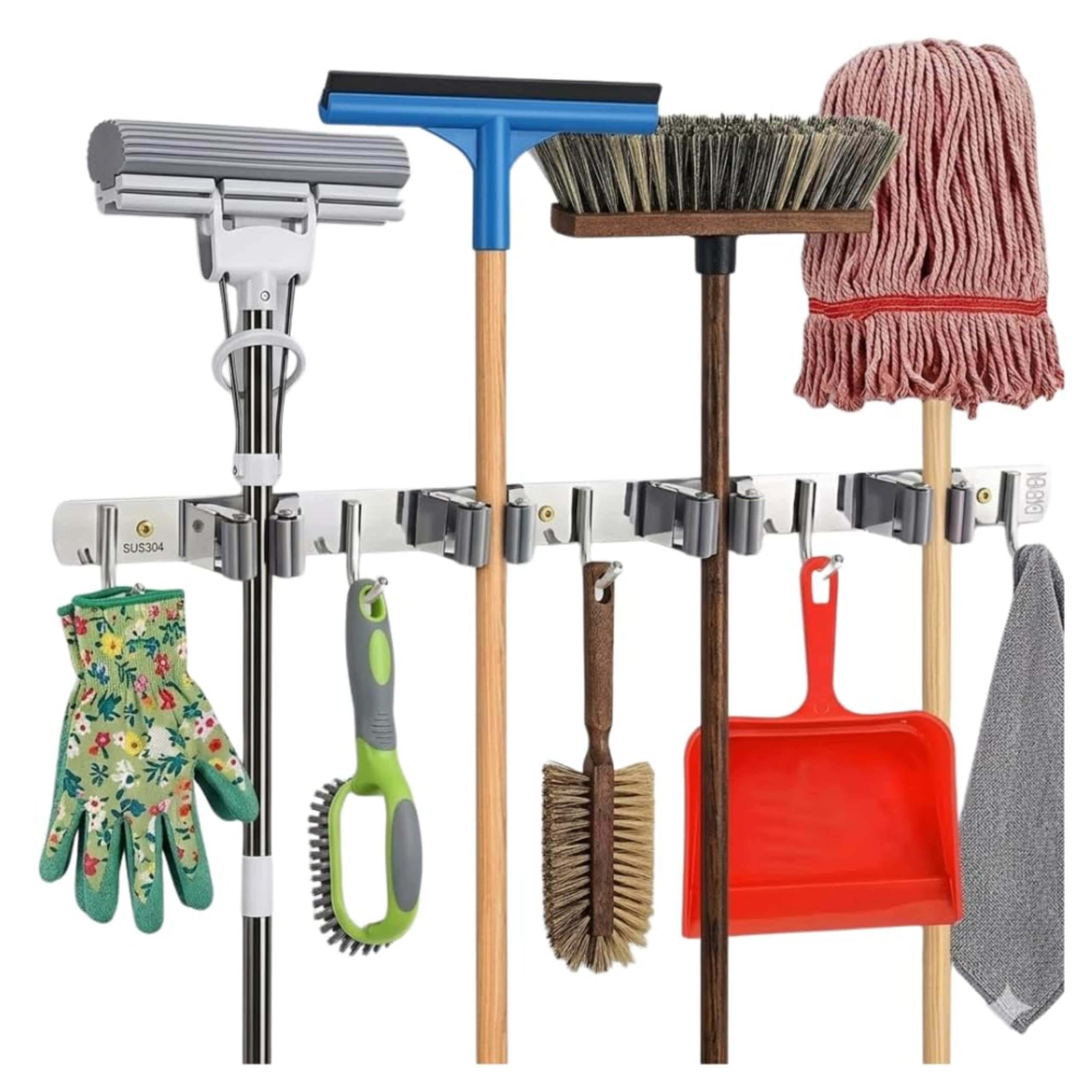 Home Elem Broom Mop Holder Wall Mount Stainless Steel Wall Mounted Storage Organizer Heavy Duty Tools Hanger With 4 Racks 5 Hook