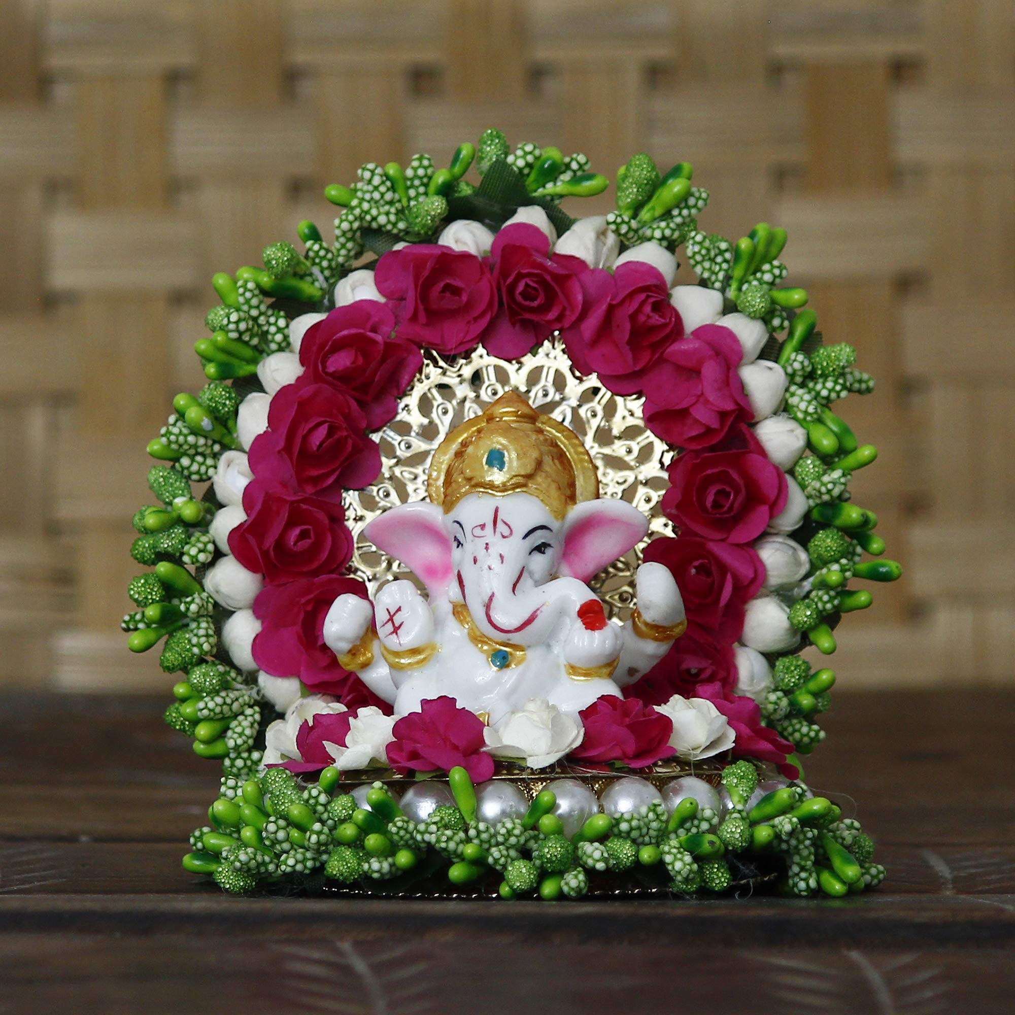 Ecraftindia Resin Lord Ganesha Idol On Decorative Green Pink Floral Plate| Ganesha Idol For Home Decor Car Dashboard| Ganesha St