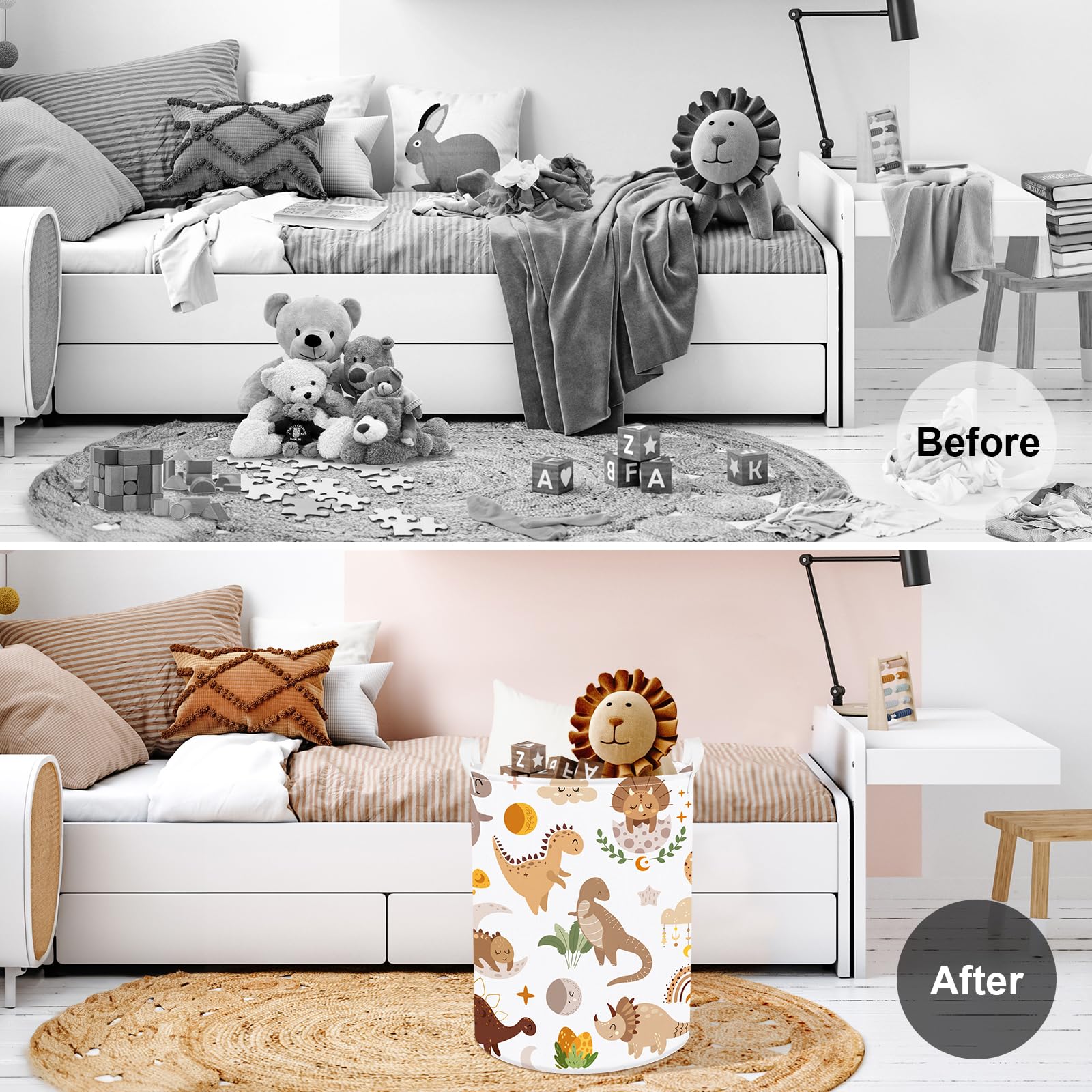 Clastyle 45L Large Boho Dinosaur Boy Book Toy Storage Basket Dino Palm Leaves Clothes Laundry Hamper For Kid Room Nursery, Brown