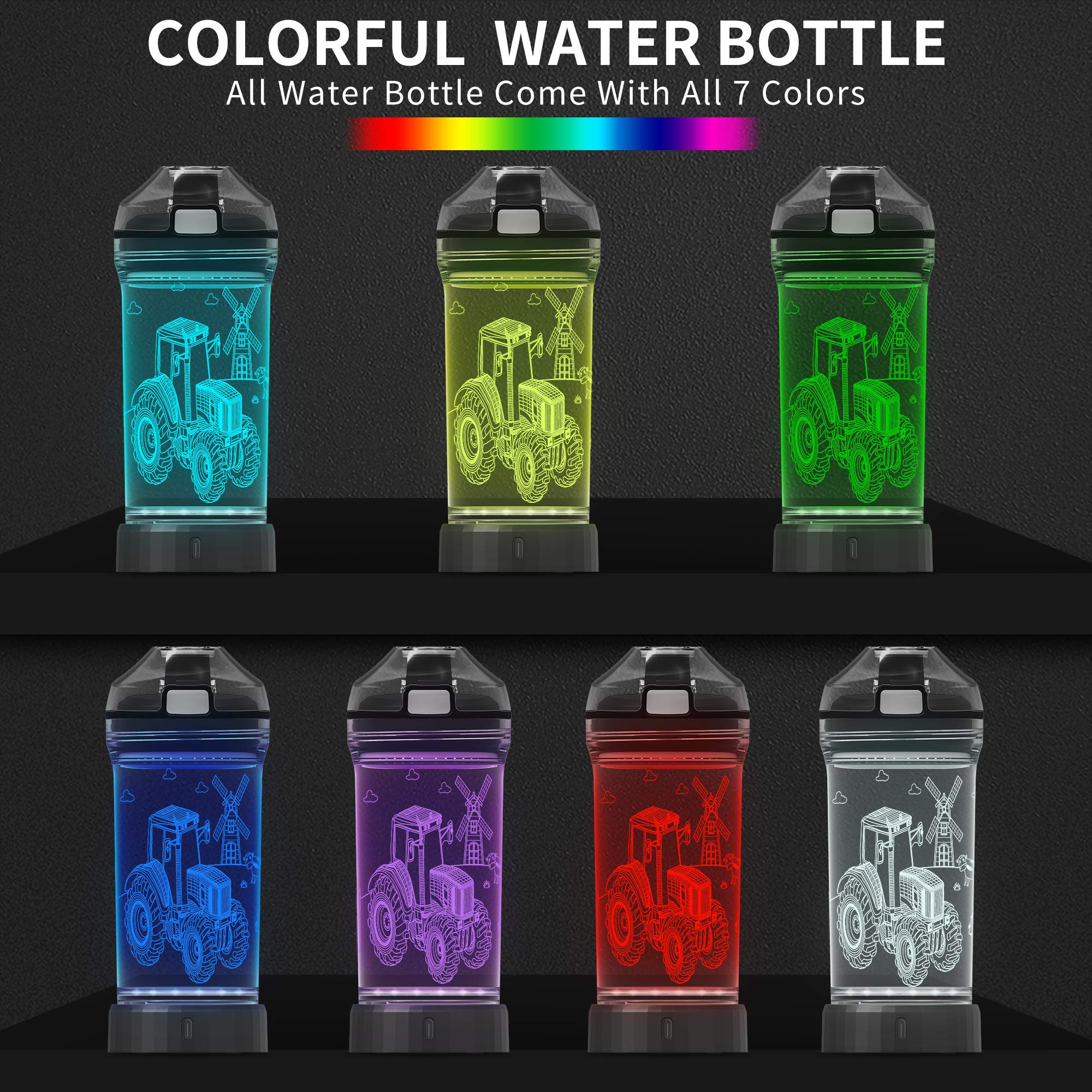 Lightzz Kids Water Bottle with 3D Glowing Tractor LED Light - Tritan BPA Free - Creative Ideal Travel Cup MTZ Gift for Back to School Girl Boy Child Holiday Camping Picnic (Tractor 14 Oz)