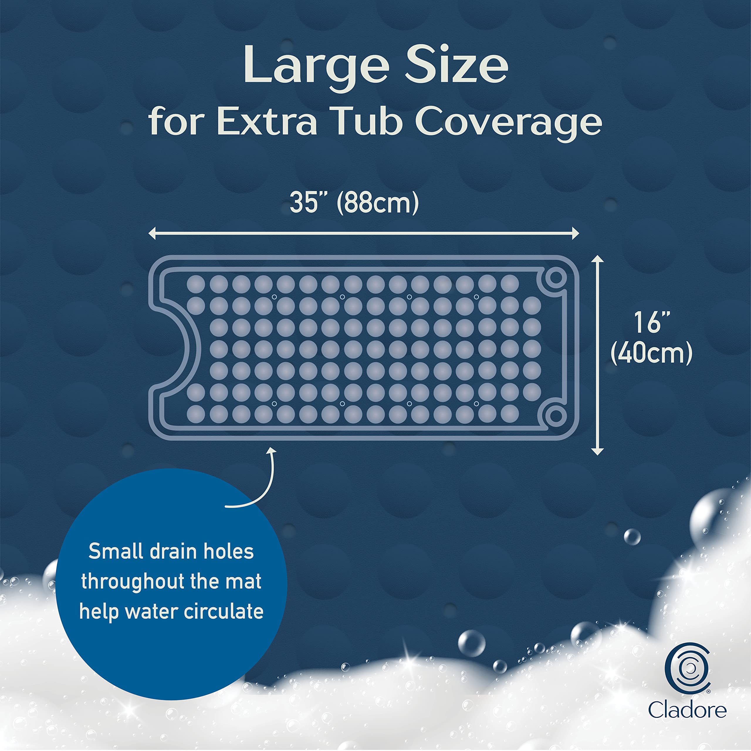 Cladore Extra Large Bath Tub Shower Mat 35L X 16W Inch Non-Slip, Rubber Bathtub Mat With Strong Suction Cups, Machine Washable B