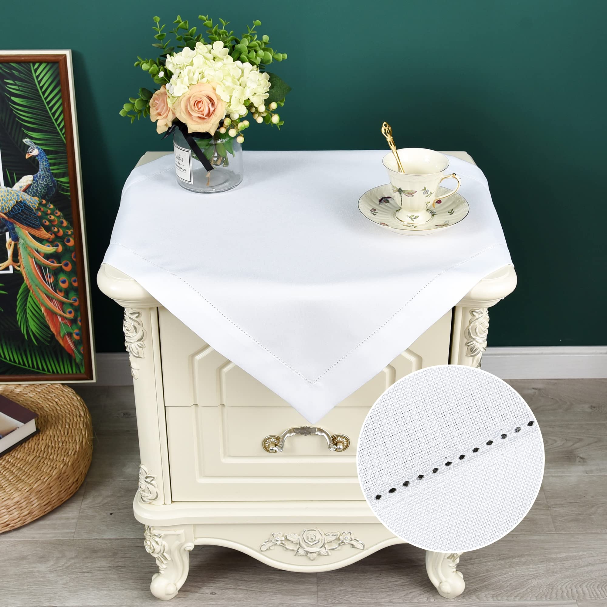 Newisher Farmhouse Small Square Hemstitch Border Tablecloth Neutral Faux Linen Table Cloth Rustic Solid Beige End Table Cover Fo
