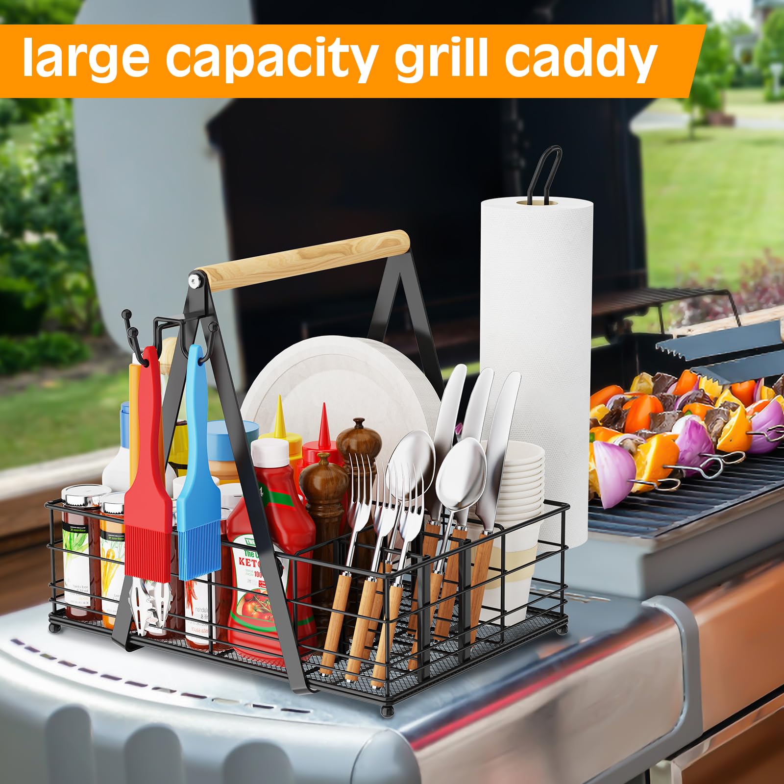 Grill Caddy With Paper Towel Holder, Picnic Bbq Condiment Utensil Organizer Caddy For Outdoor Kitchen, Rv, Camping Accessories,