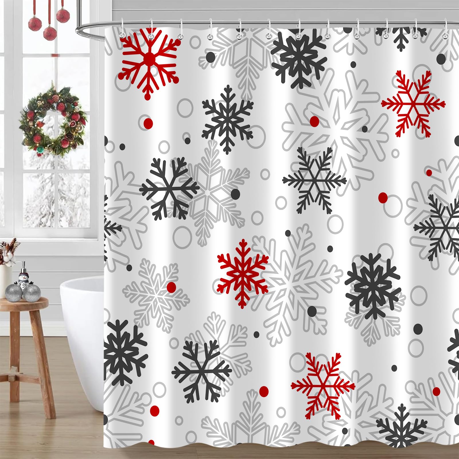 Paopoed Winter Snowflake Shower Curtain, Red Christmas Merry Xmas Funny Outside Hoilday Pattern Bathroom Decor, Waterproof Cloth