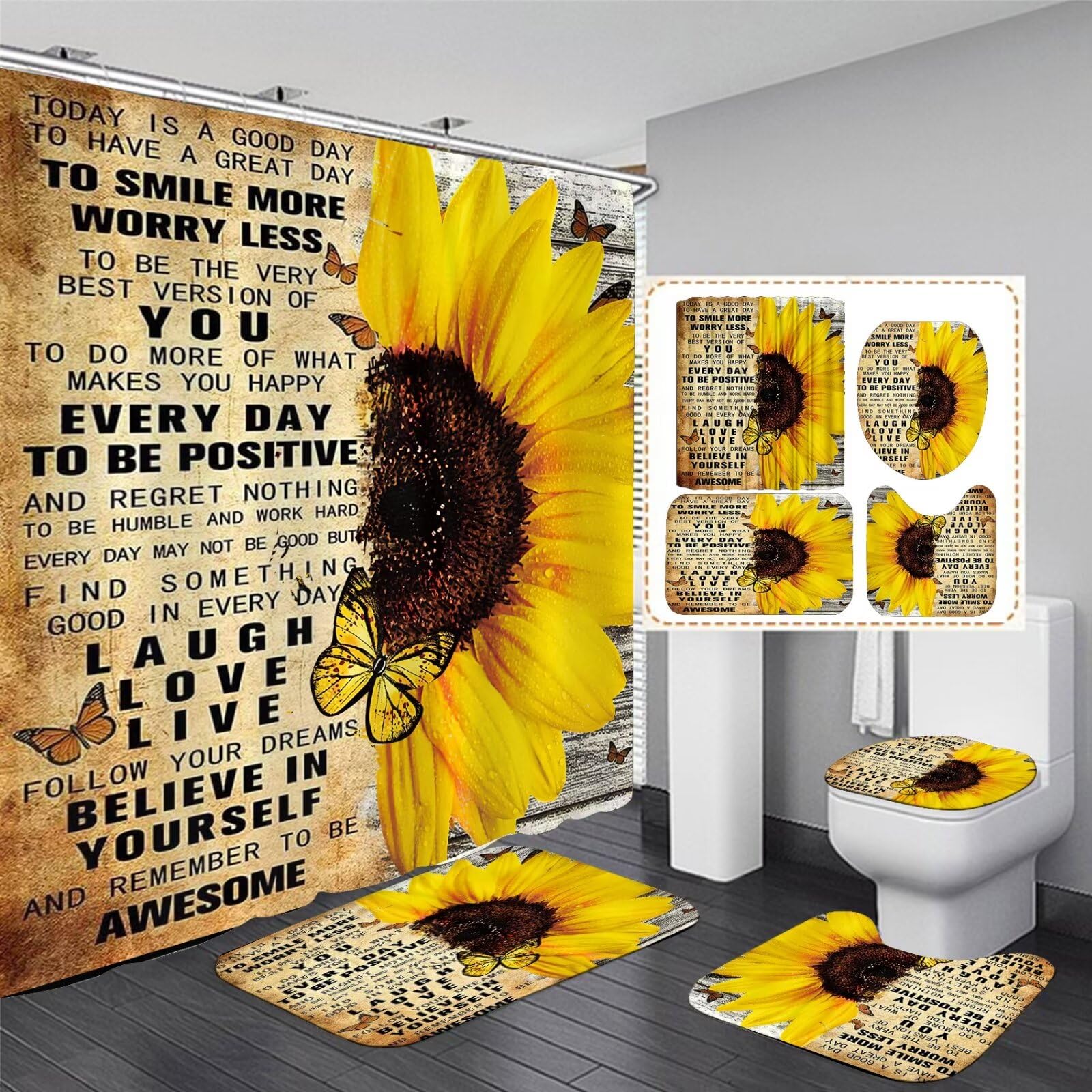 Azhm 4Pcs Shower Curtain Sets With Rugs Sunflower Bathroom Set D  Cor Inspirational Quotes Bathroom Curtains Shower Set With Rug