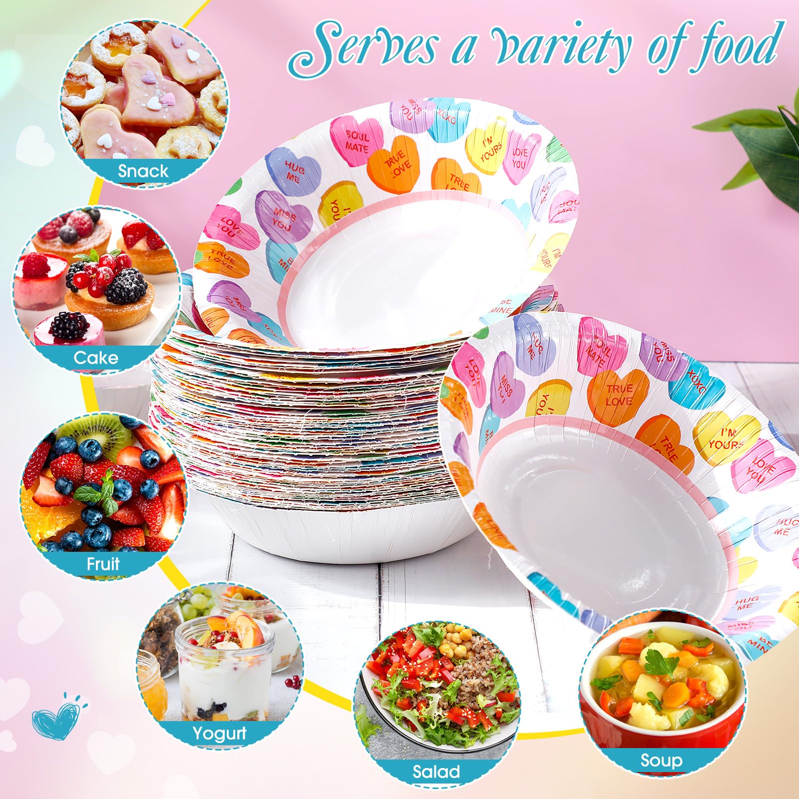 Nuogo 60 Pcs 16 Oz Valentine'S Day Disposable Paper Bowls Heavy Duty Bowls Heart Paper Soup Bowls For Both Cold And Hot Food Sal