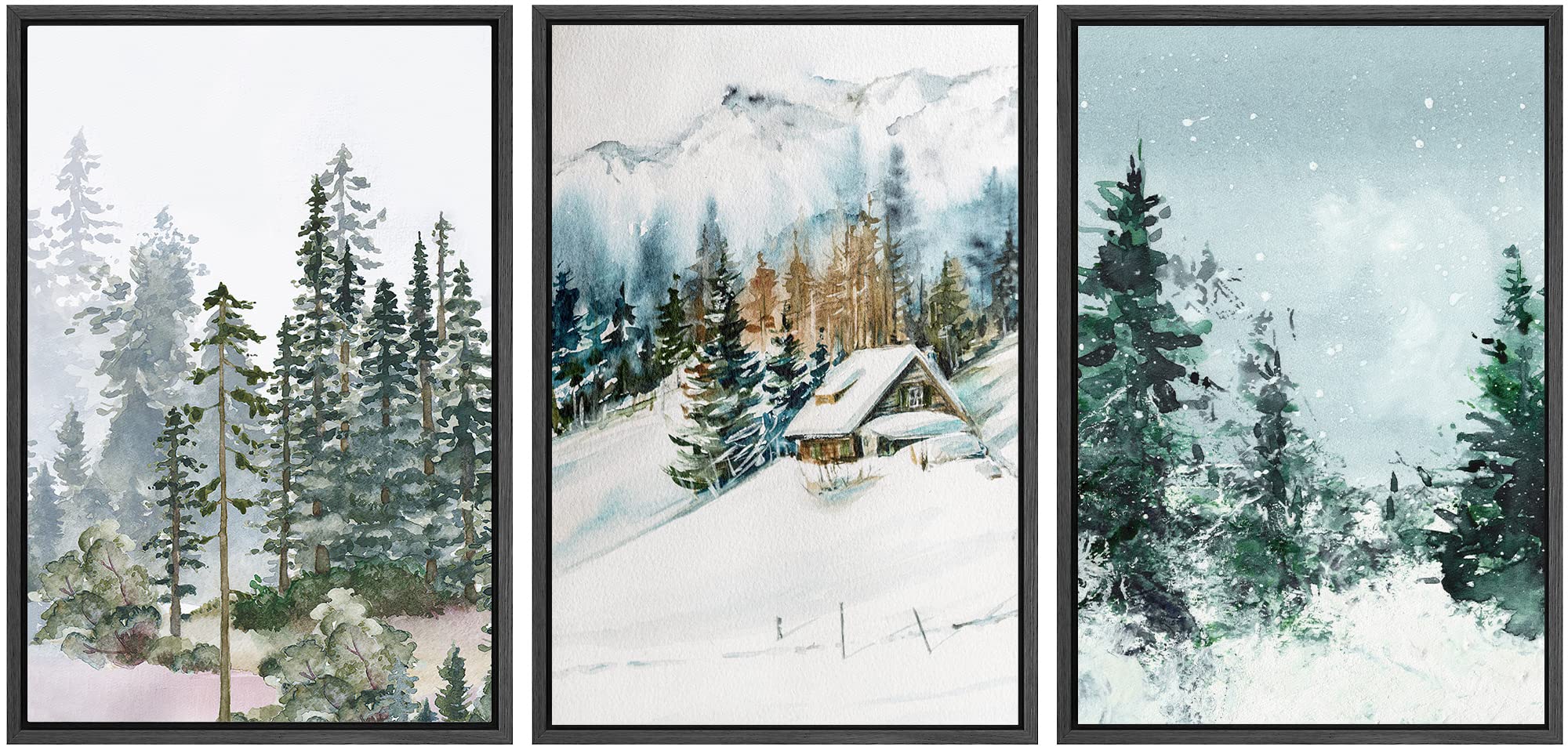 Signwin Framed Canvas Print Wall Art Set Winter Snow Pine Tree Forest Cabin Nature Wilderness Illustrations Modern Art Rustic Ca