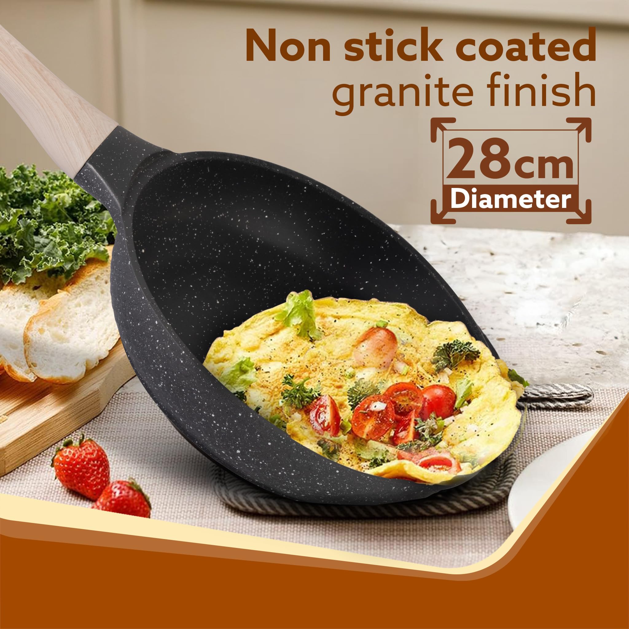 AGARO Imperial Granite Non Stick Frypan with Glass Lid, 3L / 28cm, Cast Aluminium Body, Omlette Egg Pan, Fish Fry Pan, Gas & Ind