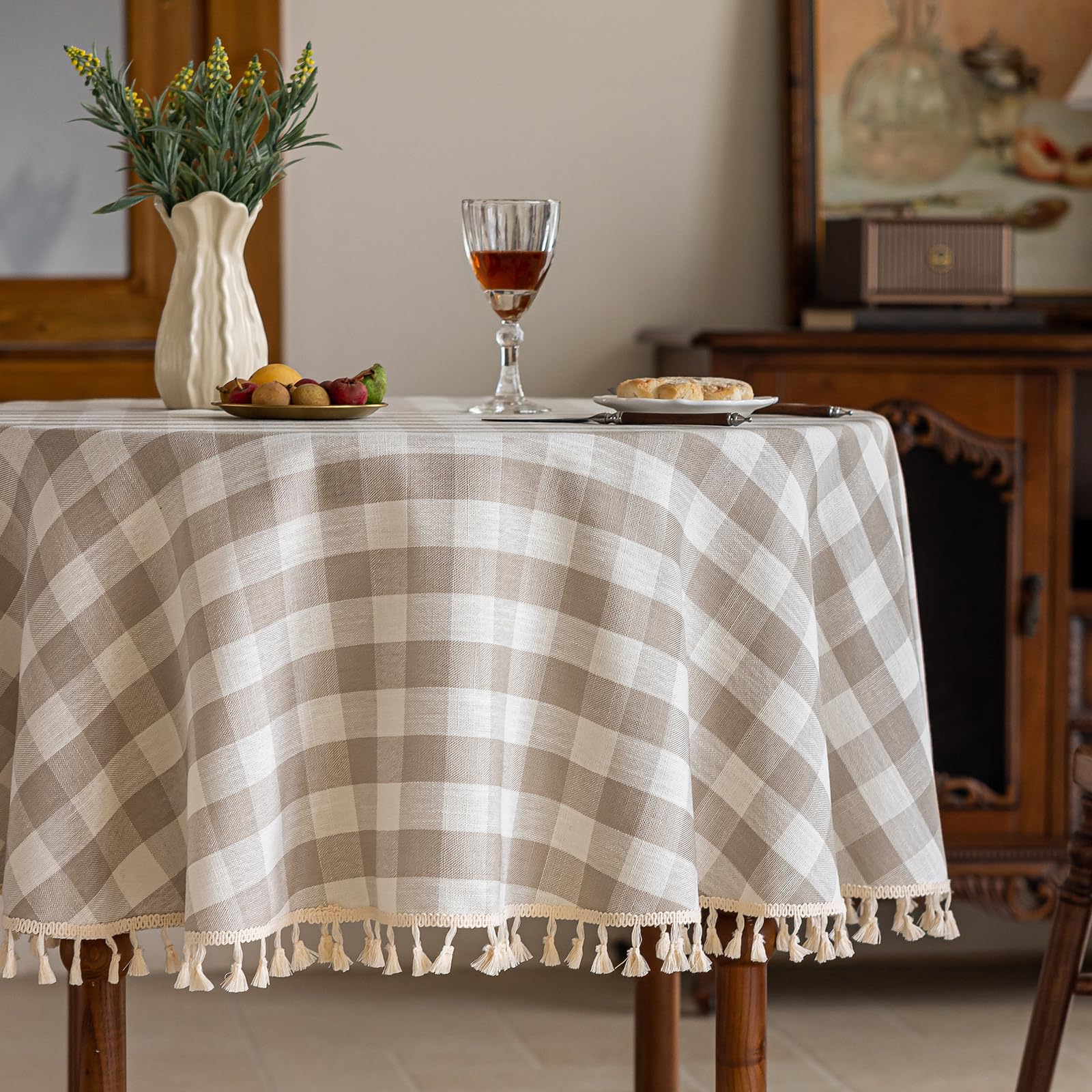 Alsoo Gingham Tablecloth Round 60 inch, Outdoor Washable Checkered Plaid Table Cloth Cotton Linen Fabric Summer Picnic Party (Be