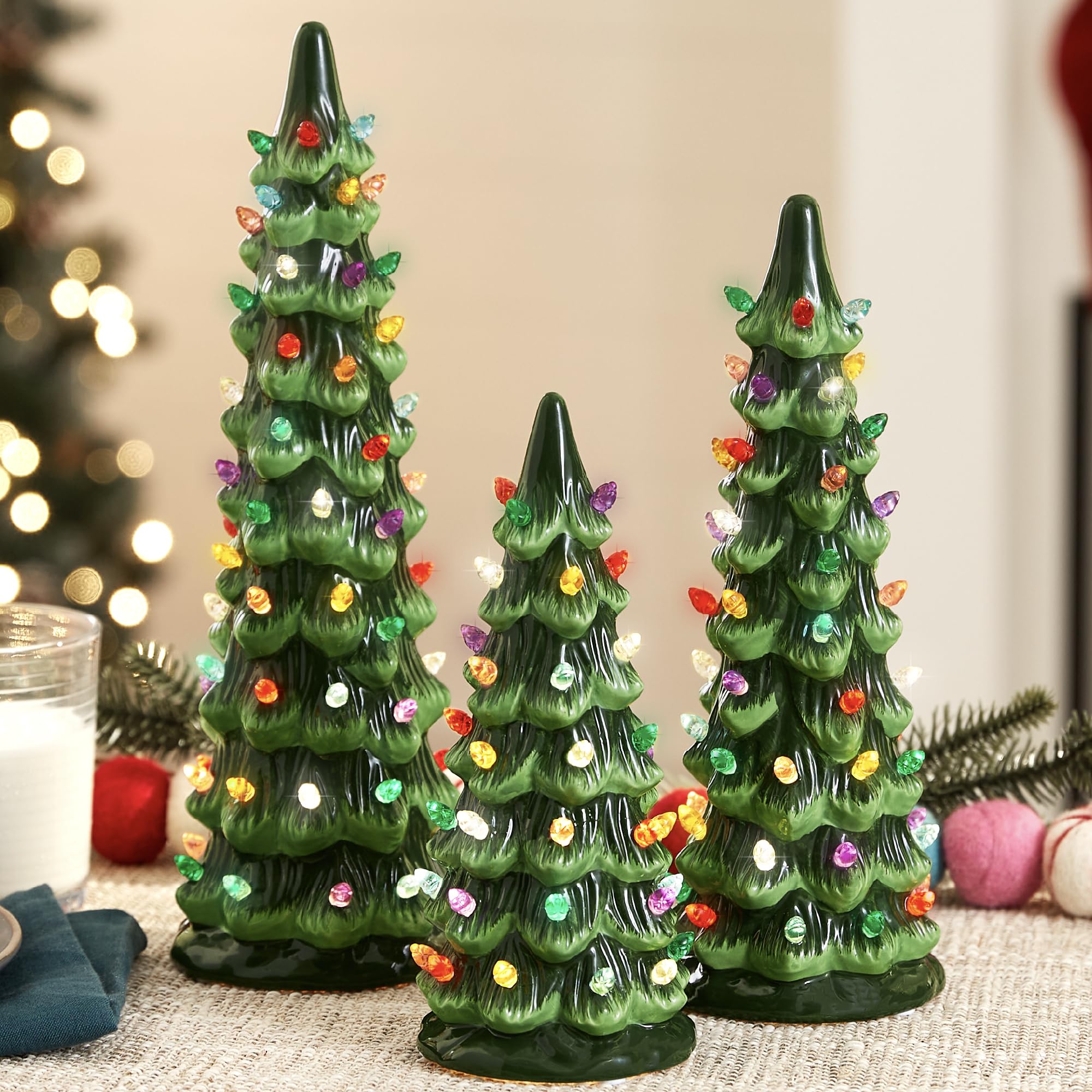 Best Choice Products Set of 3 XL Ceramic Christmas Trees, Pre-Lit Hand-Painted Tabletop Holiday D  cor w/Multicolor Bulbs, LED L
