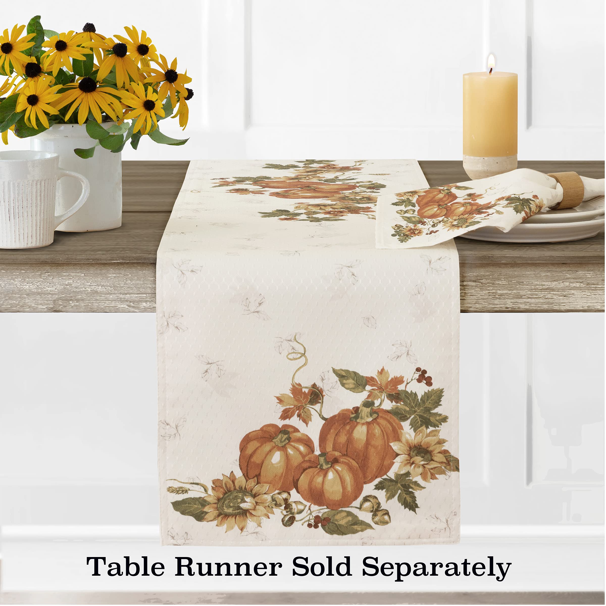 Lintex Stockbridge Pumpkin Harvest Bordered Thanksgiving Fabrictable Runner, Autumn Fall Leaf, Sunflower And Acorn Border Print