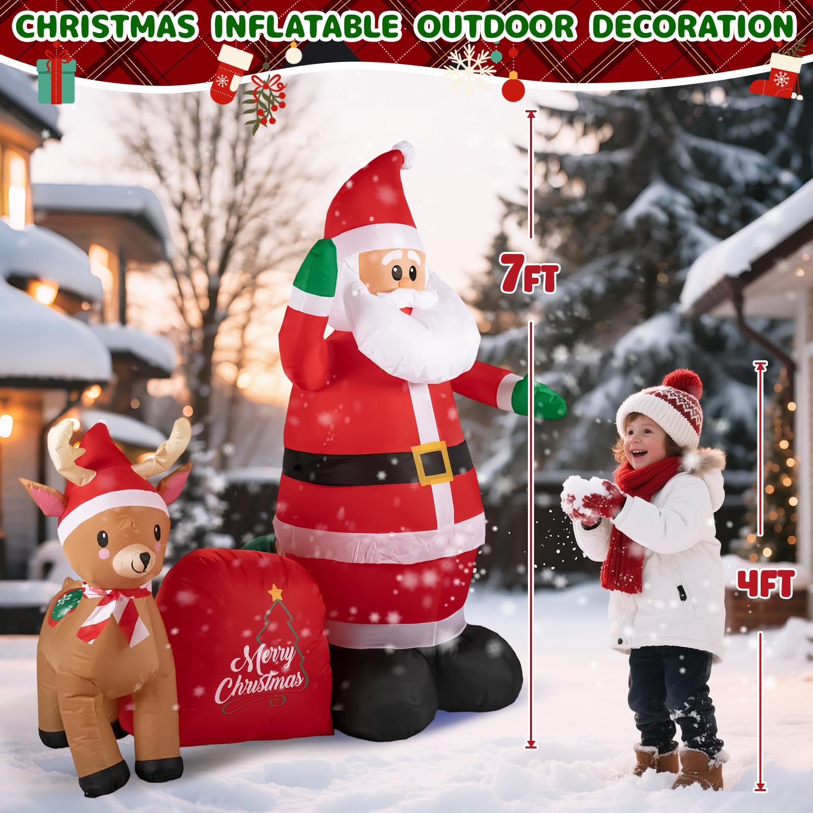 GIFTFIND 7Ft Christmas Inflatable Santa Clau Built-in LED Lights, Outdoor Decoration Santa with Reindeer and Christmas Ball Blow