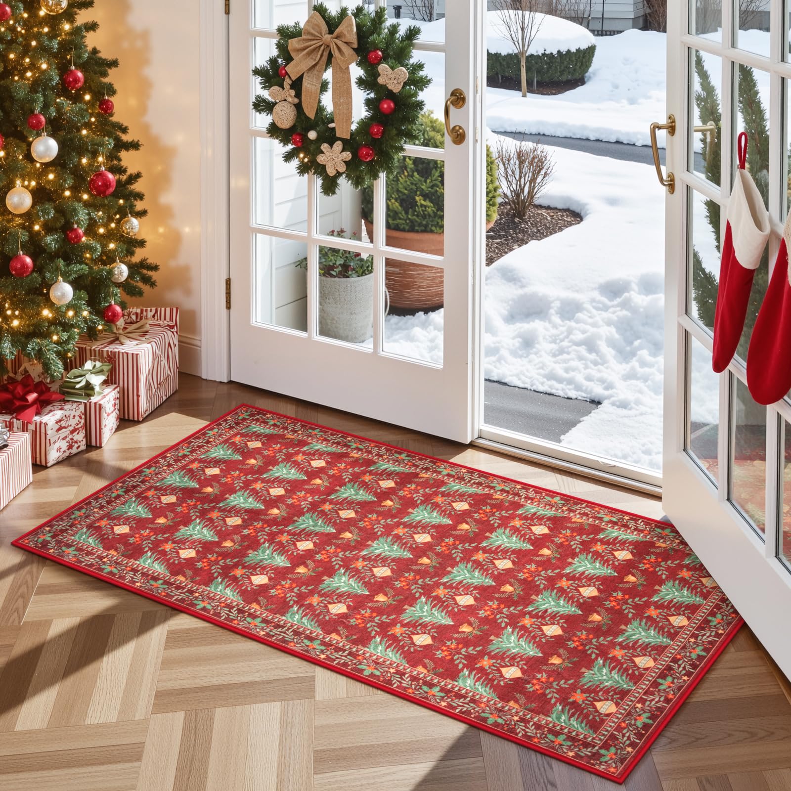 Yuemasi Christmas Rug 2x4, Red Washable Christmas Kitchen Rug Door Mat, Cozy Christmas Carpet for Entryway Non Slip, Xmas Tree P
