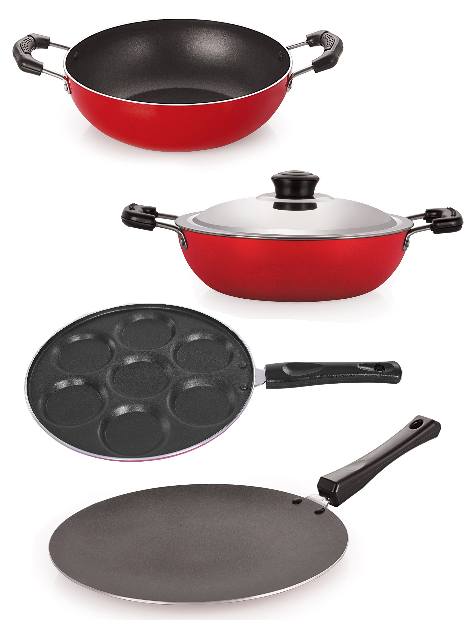 Nirlon NonStick Aluminium Cookware Set, 4Pieces, Red (26_Ct_Kd14_Dkdb_Up)