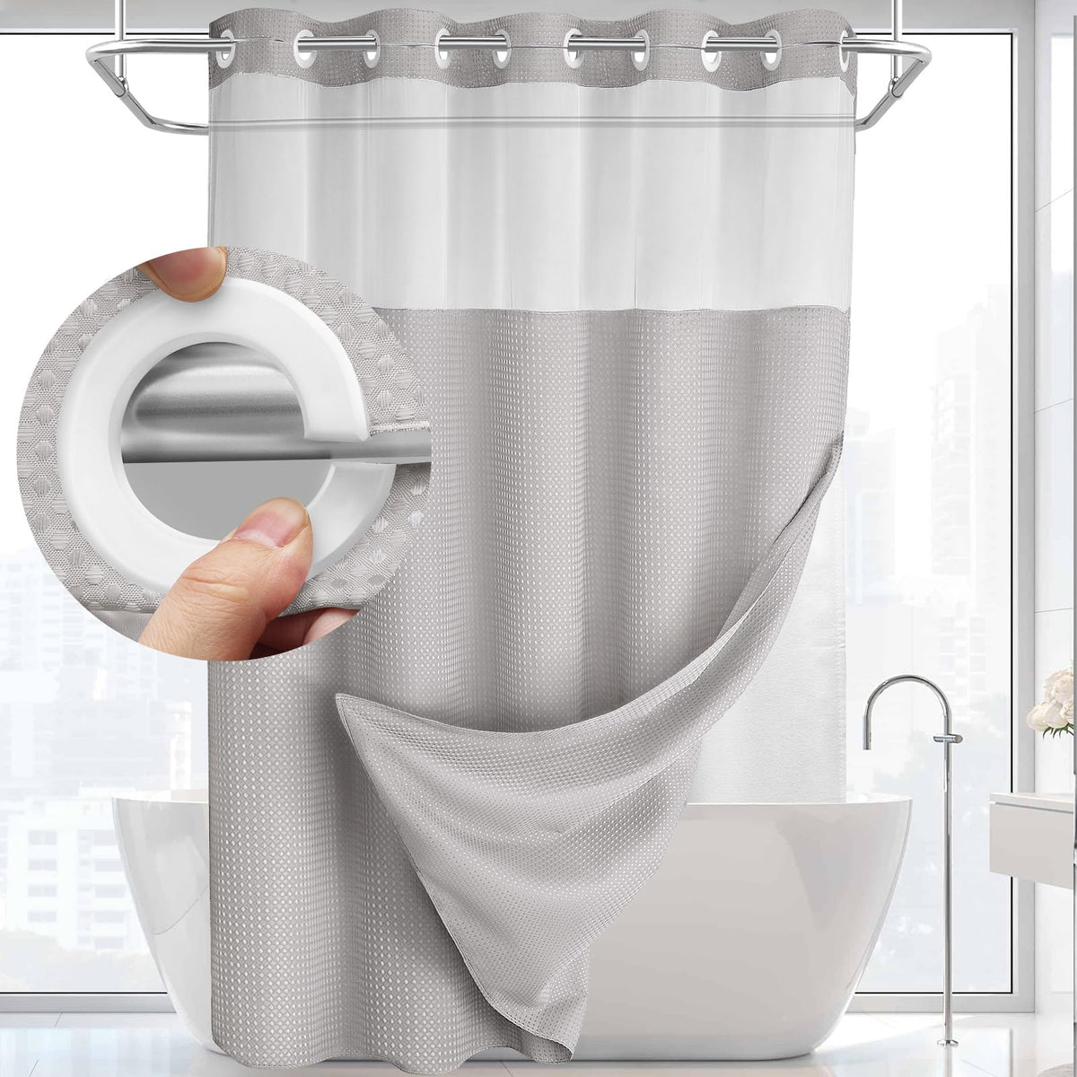 Yellyhommy No Hook Shower Curtain With Snap In Liner Set Less Time Light Gray Waffle Shower Curtain For Bathroom 75'' L X 72'' W