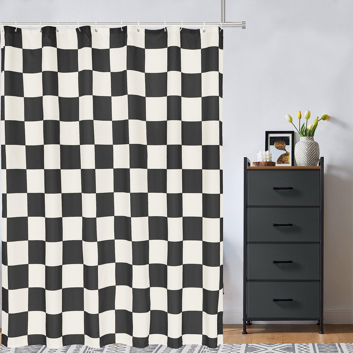 Tititex Aesthetic Checkerboard Grid Pattern Shower Curtain, Beige Black Modern Shower Curtain Sets Decoration 71X71 Inch With Ho