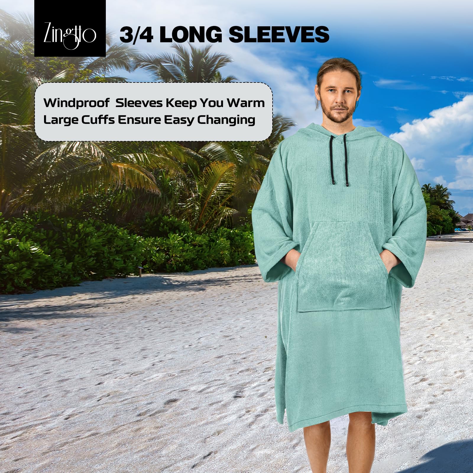 Zingtto Surf Poncho Changing Robe, 3/4 Sleeve Extra Large Thick Hoodie Towel Poncho For Men Women Beach Swimming, 43'' X 35'', T