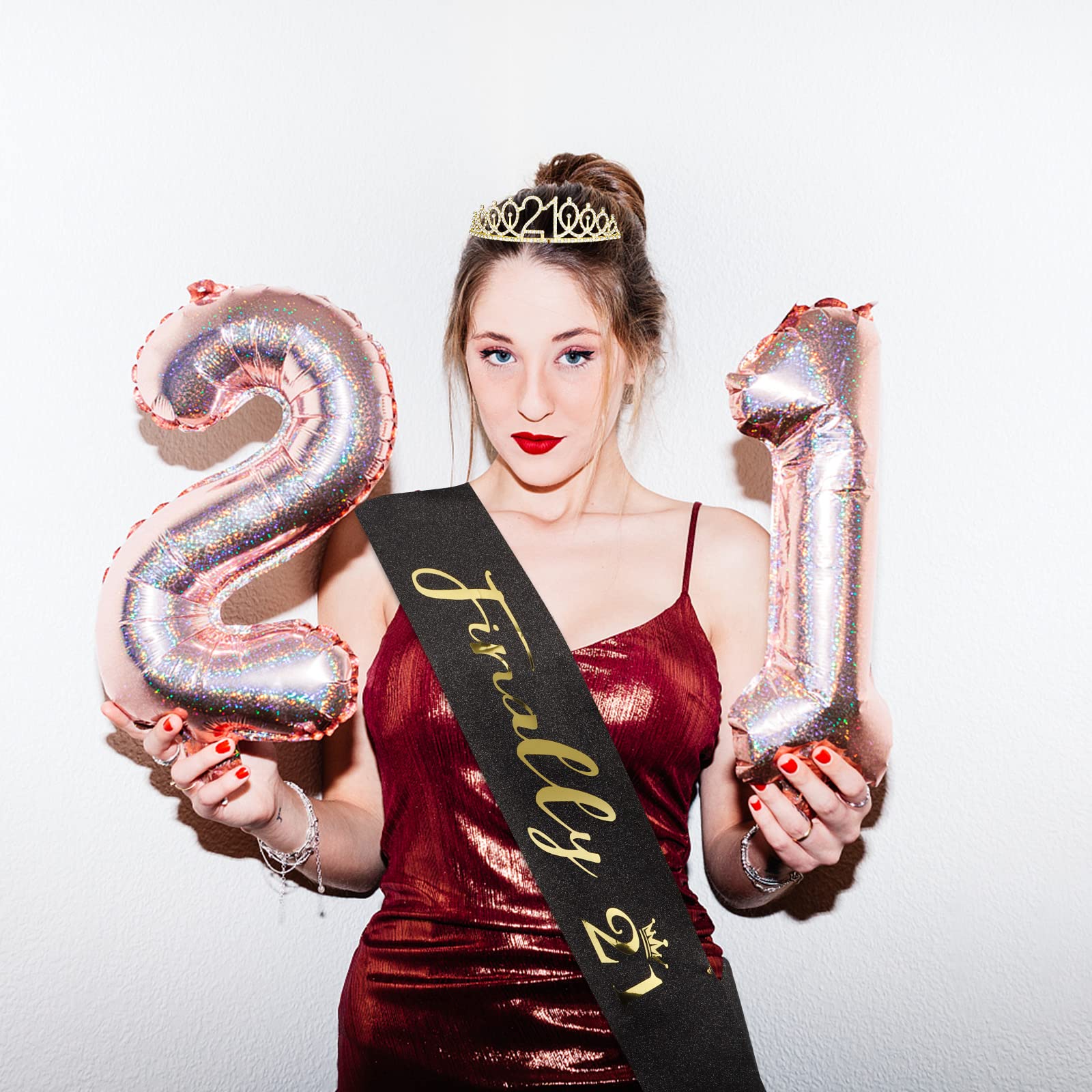 21St Birthday Decorations For Her ''Finally 21'' Black Birthday Sash And Gold Rhinestone Crown Tiara Set For Girls 21St Birthday