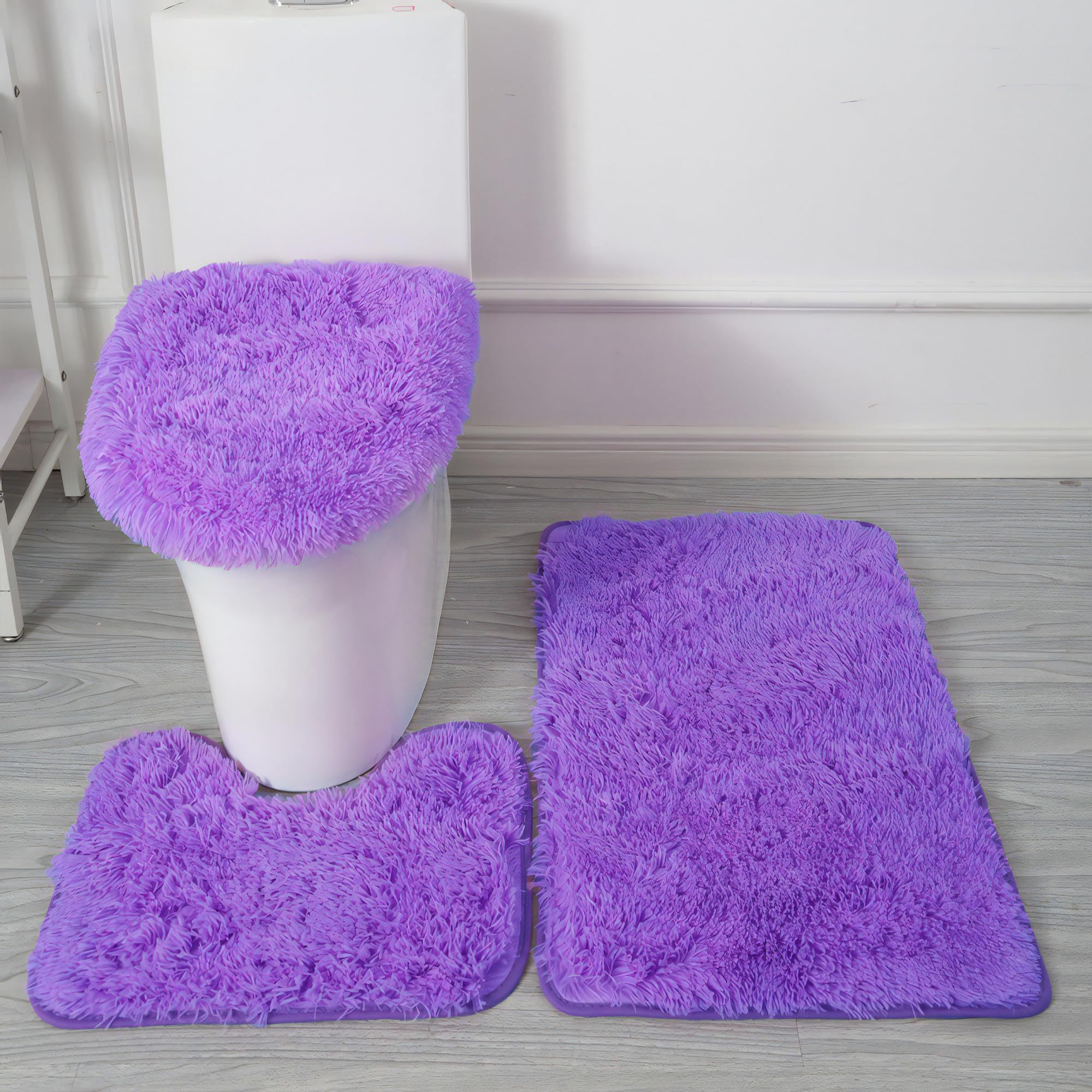 Eanpet Shaggy Bathroom Rugs Sets 3Piece Purple Bath Mat For Bathroom Non-Slip Bathroom Mats Water Absorbent Bath Rug Floor Mats