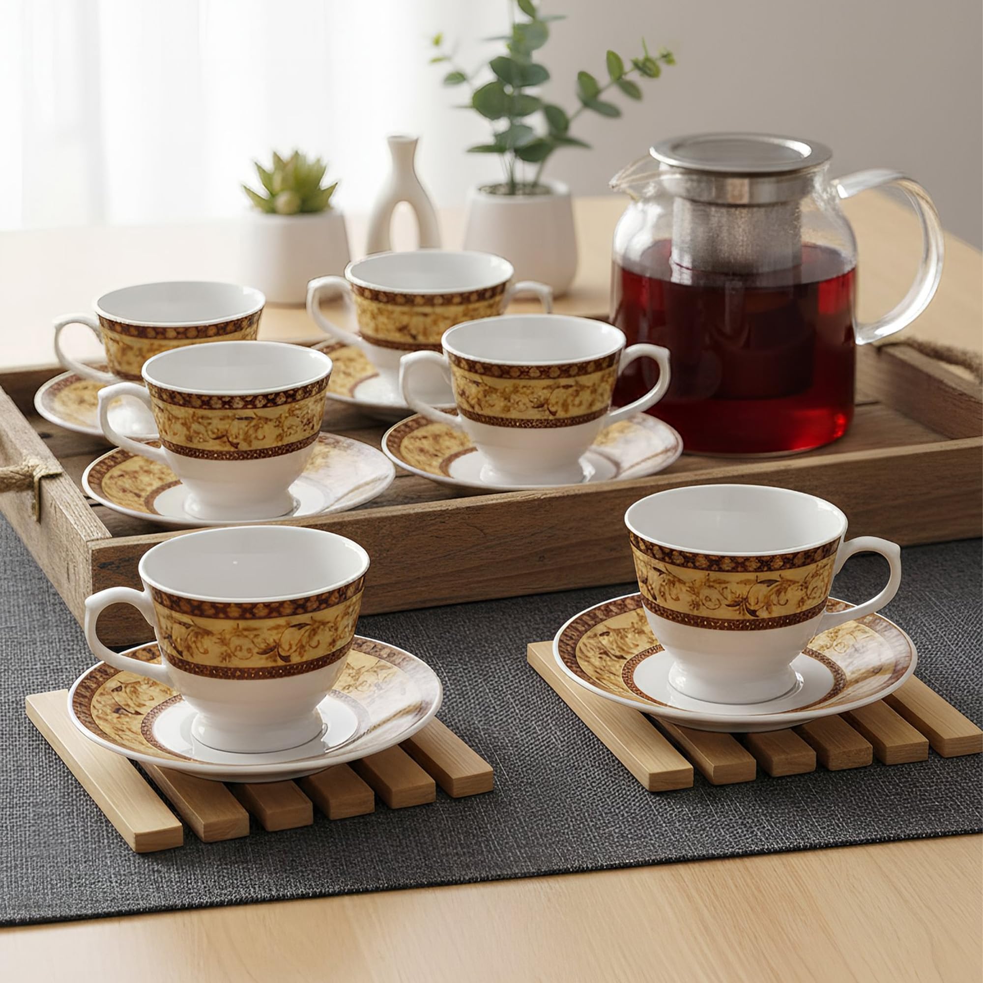 U.P.C. Toughened Glass Cup With Saucer Set Of 12 Pcs (Cup White34)