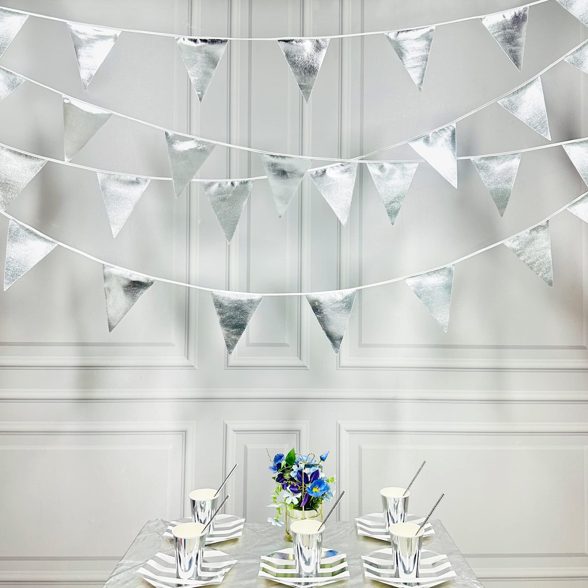 Silver Party Decorations Metallic Fabric Triangle Pennant Banner Silver Flag Bunting Garland For Graduation Birthday Wedding Bri