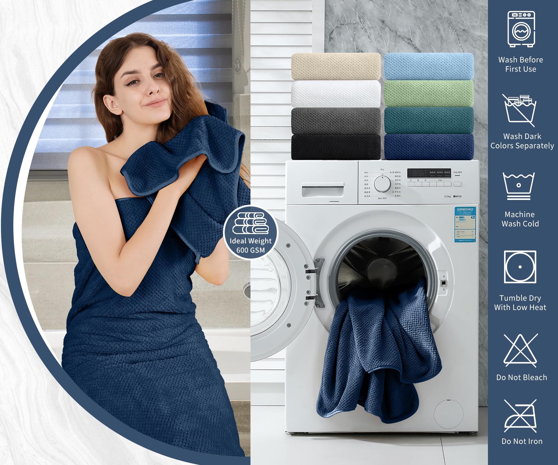 8 Piece Bathroom Towel Set Navy Blue |2 Oversized Large Bath Towels Sheet,2 Hand Towels And 4 Washcloths| 600Gsm Ultra Soft Luxu