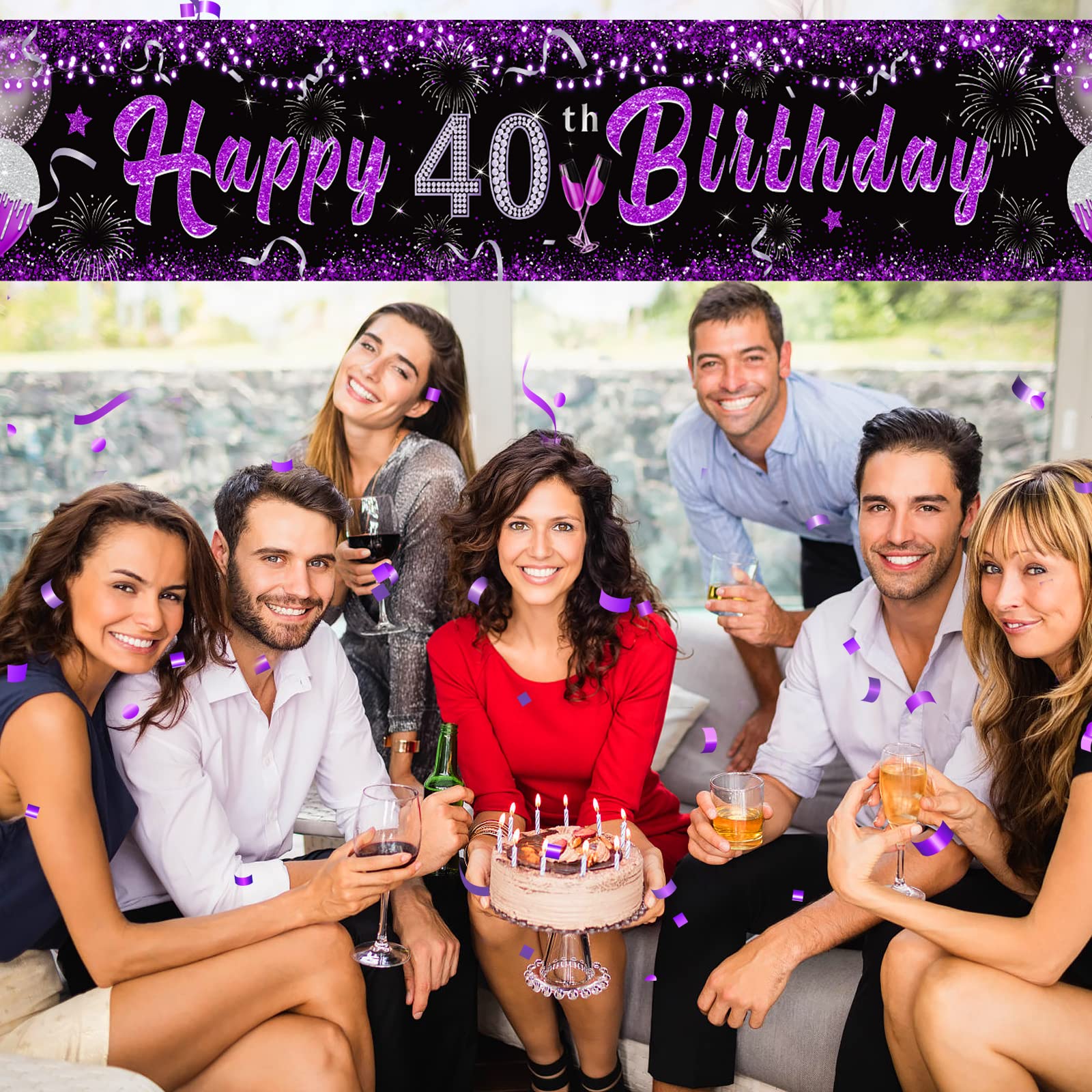 Purple 40Th Birthday Decorations For Women, Black Purple Silver Happy 40Th Birthday Yard Banner Purple 40Th Birthday Yard Sign F