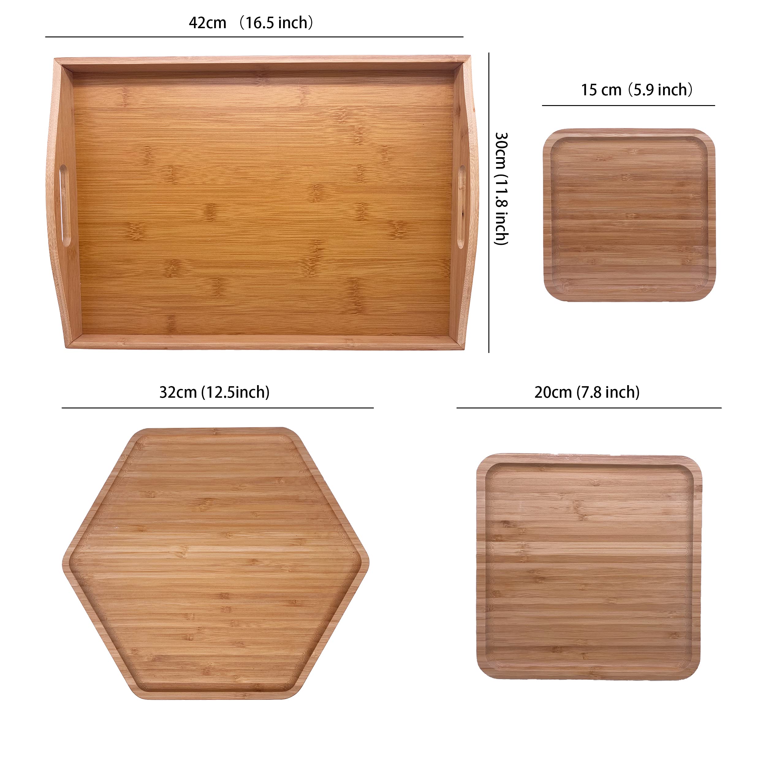 Pafrewog Bamboo Serving Trays Charcuterie Platter 16.5 ''X11.8 ''(42X30Cm With Handle, Set Includes 1Xhexagon 12.5 ''(32Cm)+1Xsq