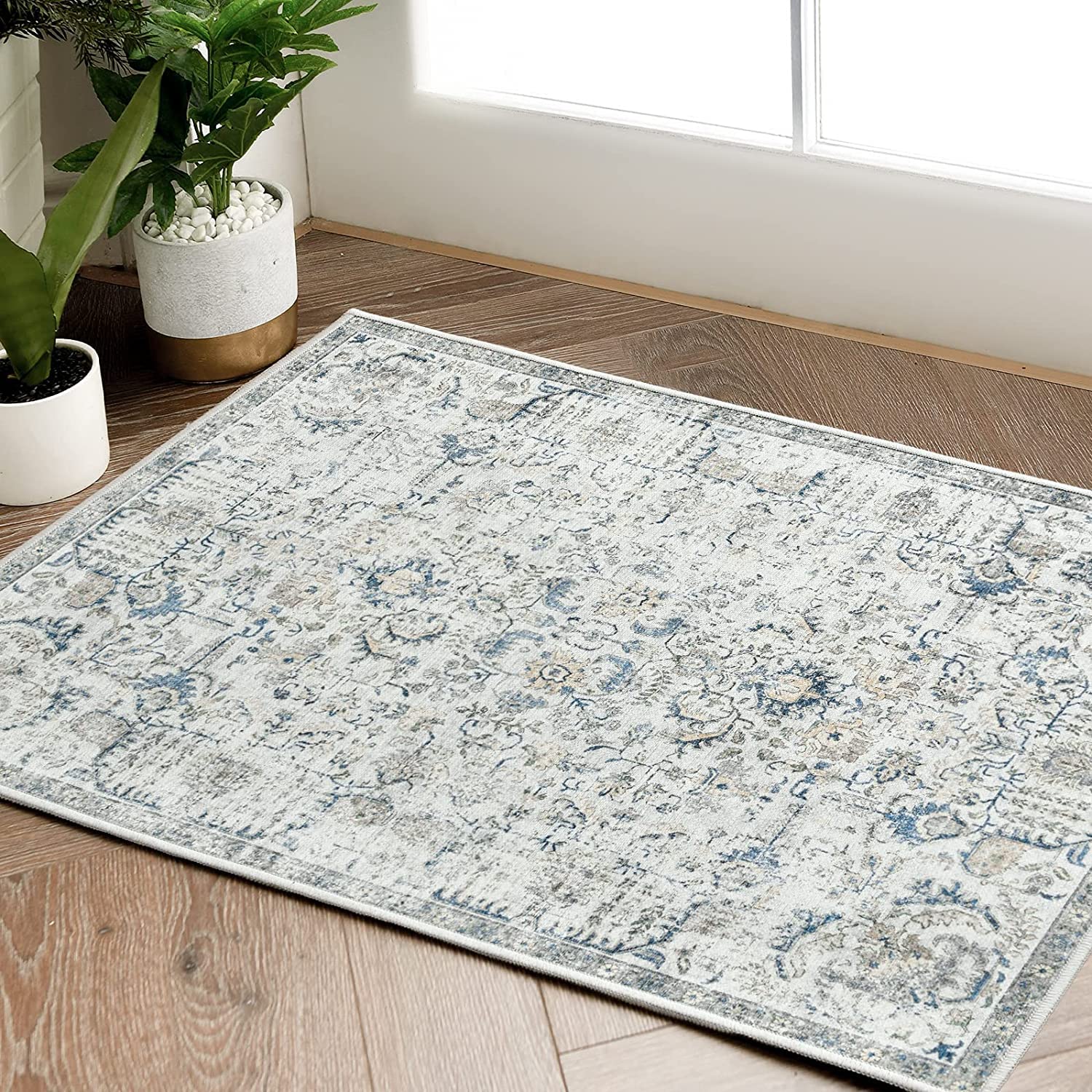 jinchan Area Rug 2x3 Washable Rug Entryway Rug Door Mat Vintage Indoor Entrance Thin Rug Retro Distressed Carpet Blue Floral Mat