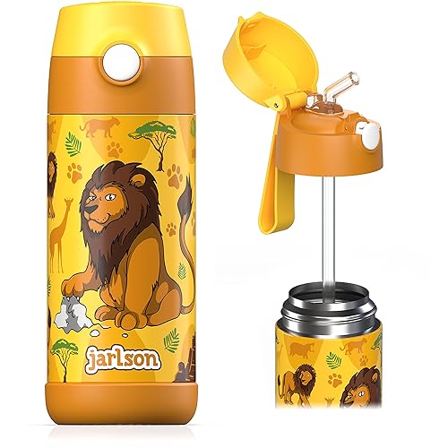 JARLSON kids water bottle with straw - cHARLI - insulated stainless steel water bottle - thermos - girlsboys (Lion Star  12 oz)
