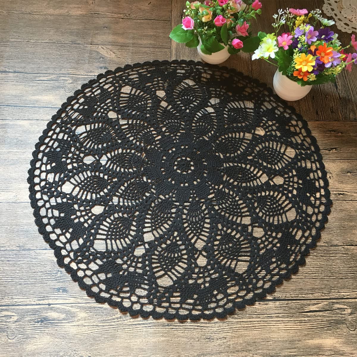 Mindplus Cotton Hand Crochet Doilies Lace Crocheted Table Cloth Doily 24 Inches Round Black