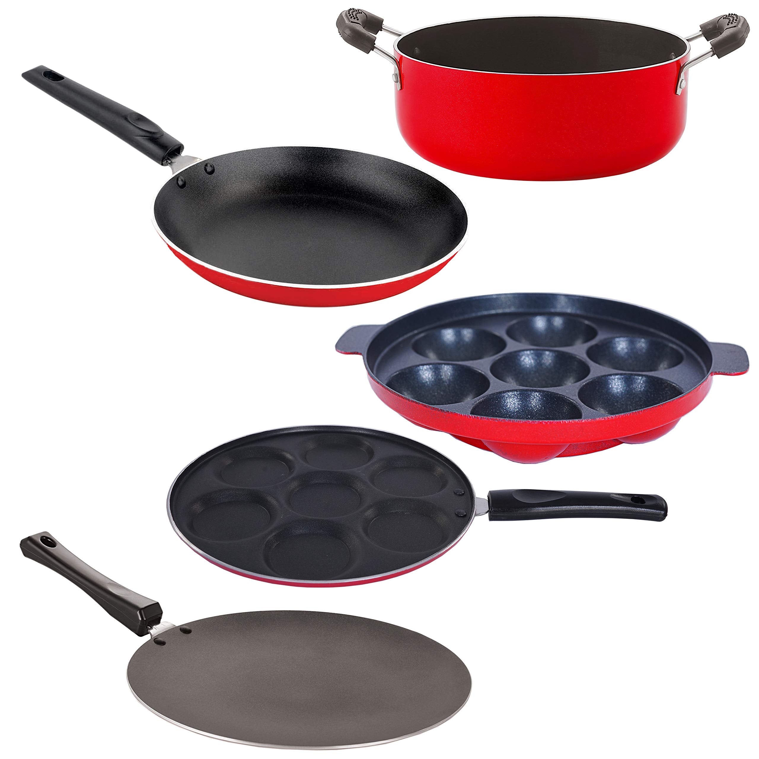 Nirlon NonStick Aluminum Cookware Set, 5Piece, Red And Black (Ct12_Up(7)_Tp_Ap(7)_Cass20)