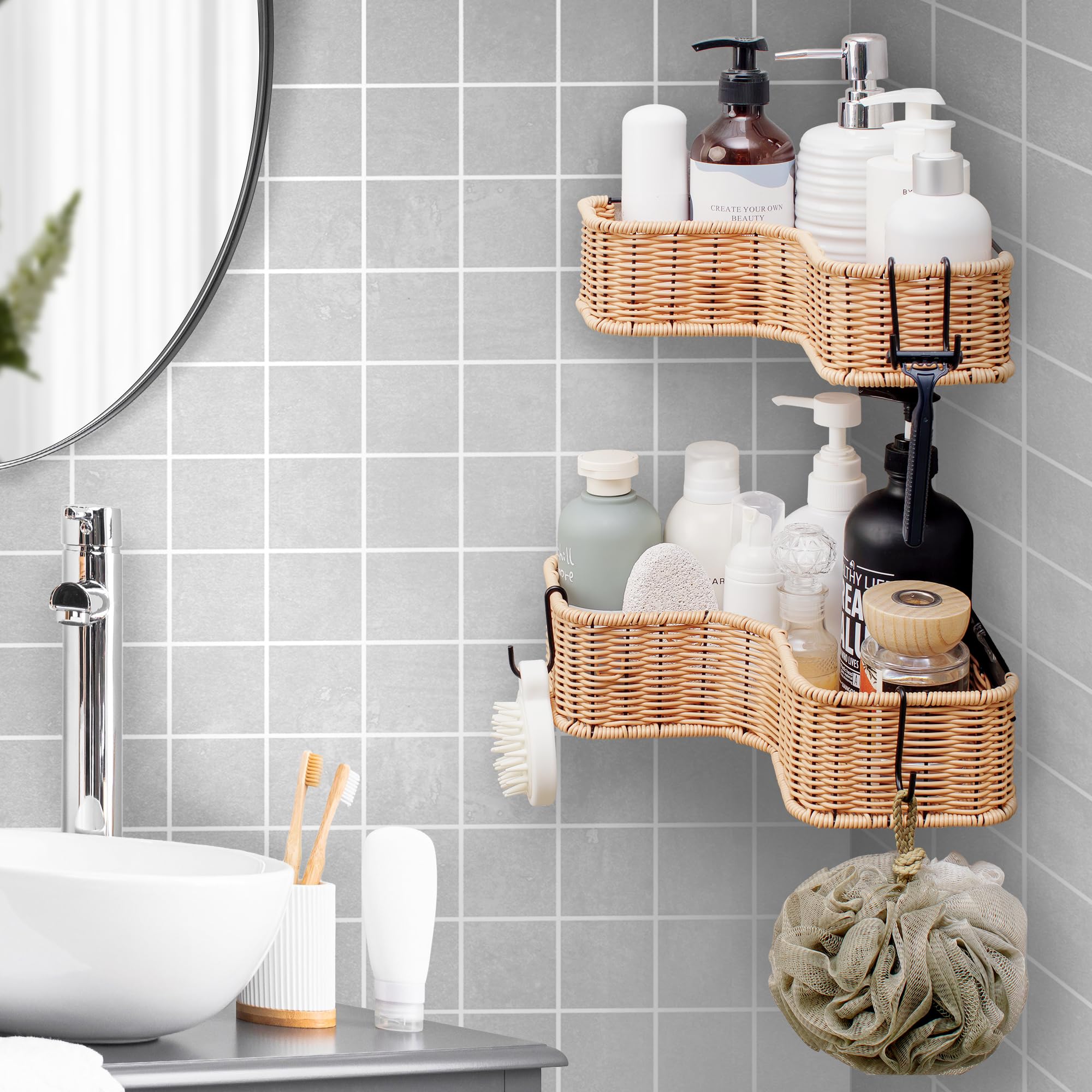 GRANNY SAYS Corner Shower Caddy, 2 Pack Rustproof Wicker Shelves, Nature Color, Model GS1023APBFQ2