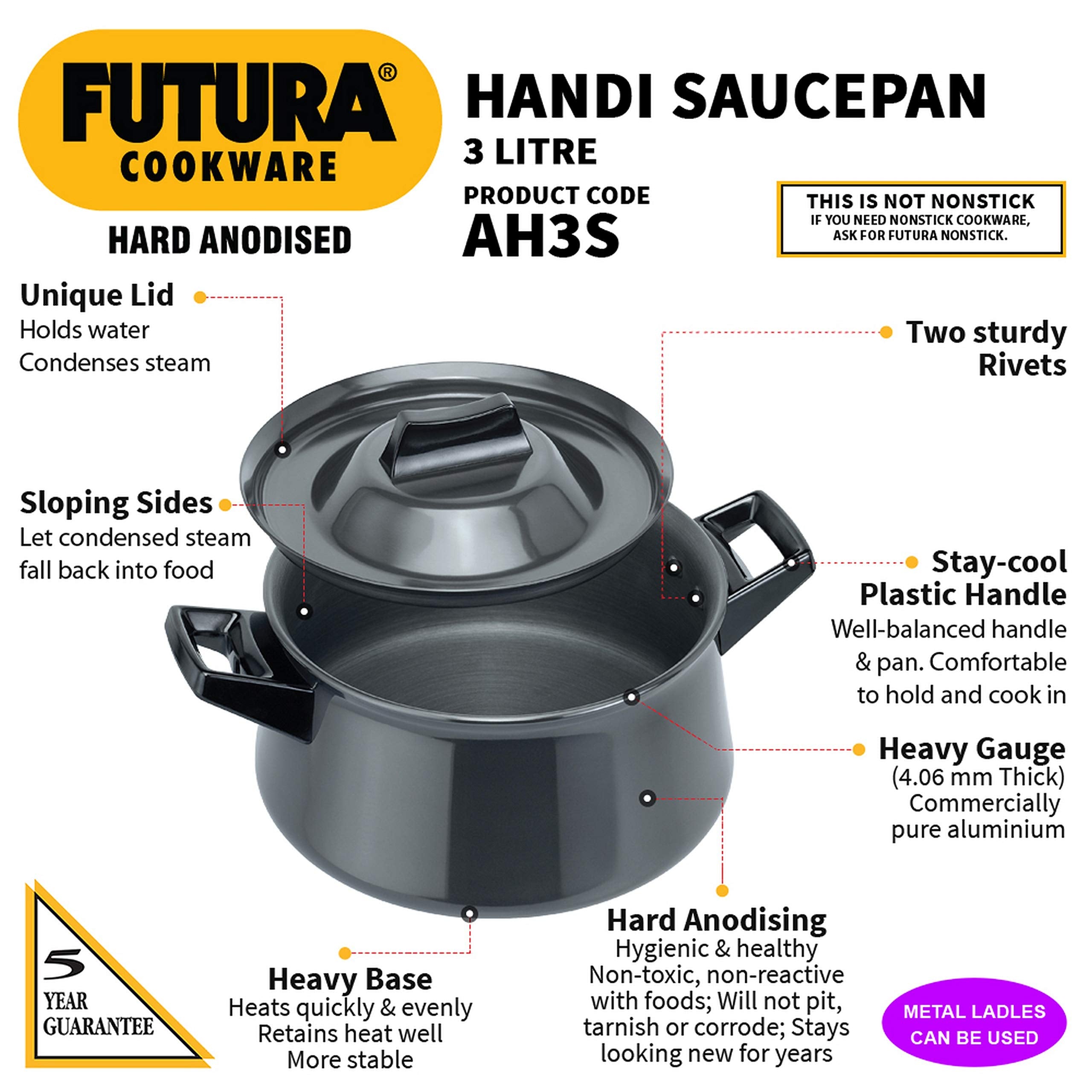 Futura Hard Anodised Handy Sauce Pan With Lid And 2 Handles, 3-Liter,Black,21Cm