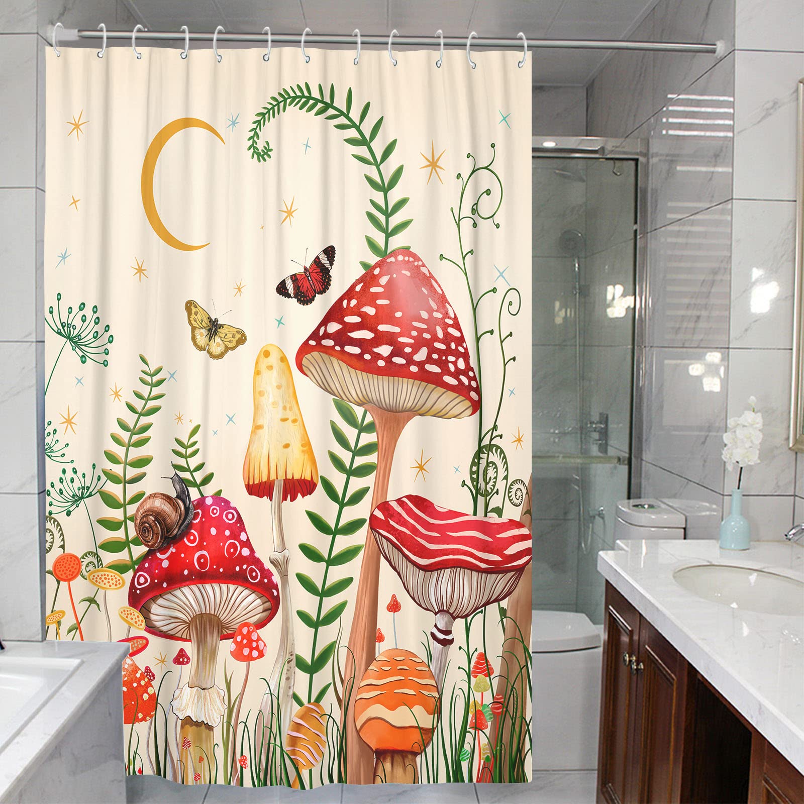 Zussun Extra Long Mushroom Shower Curtain Set Beige And Red Floral Butterfly Waterproof Fabric Bathroom Shower Curtains Aestheti