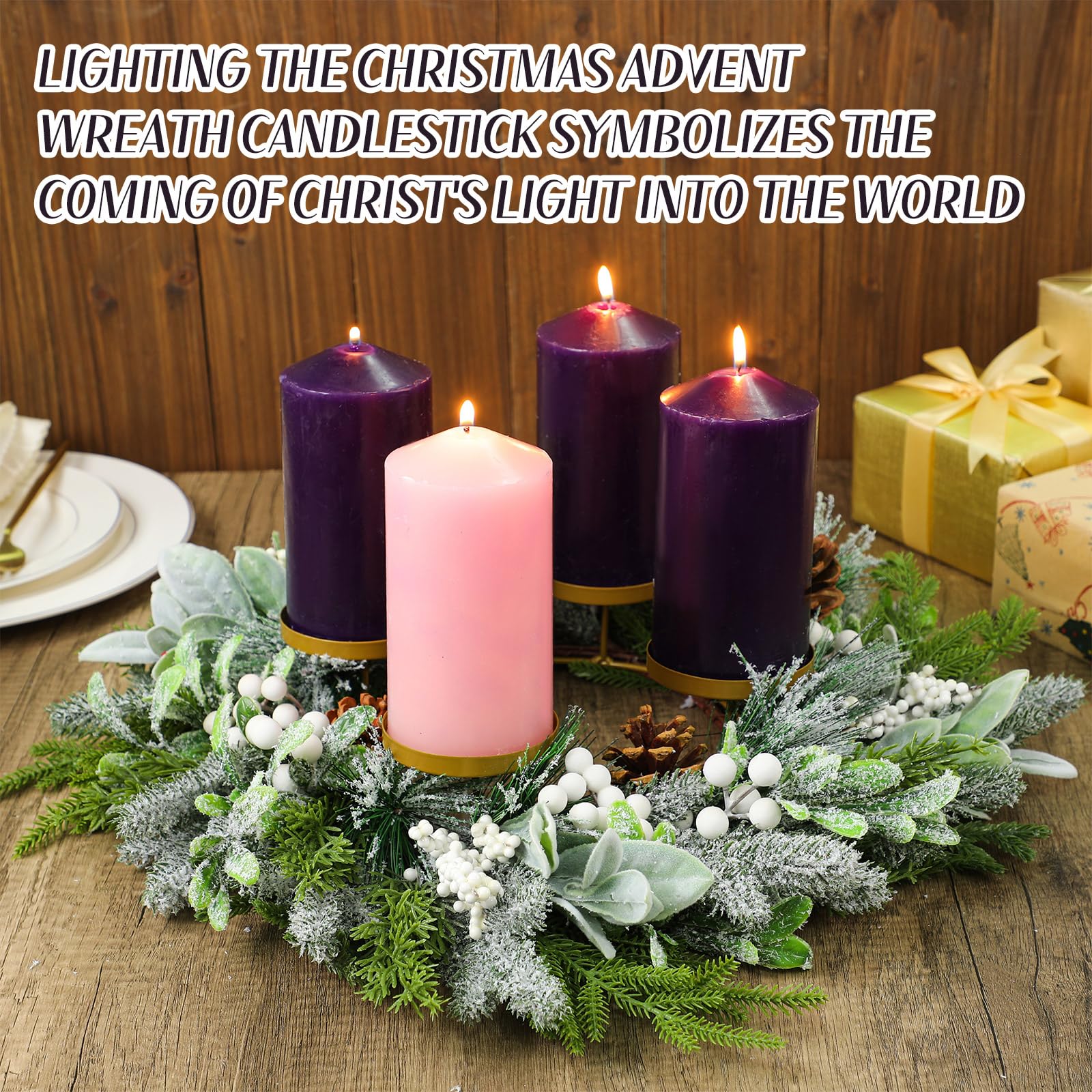 Reallnaive Large Christmas Advent Wreath Candle Holder with Norfolk Pine, Cedar, Mistletoe 19 Inch Rustic Advent Calendar Ring D