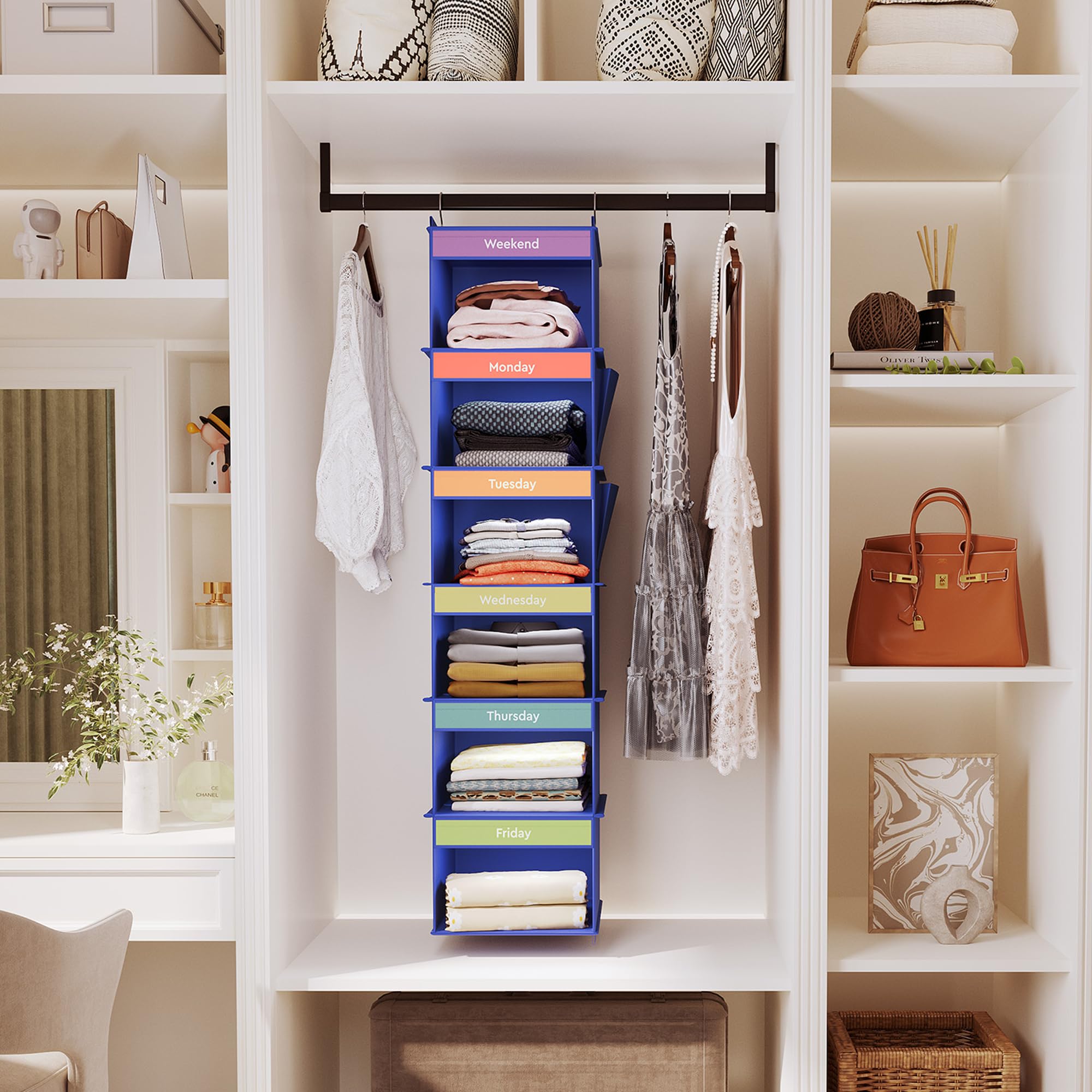 Youdenova 6-Shelf Weekly Hanging Closet Organizer, Weekly Clothes Organizers For Kids With 2 Side Pockets, Blue